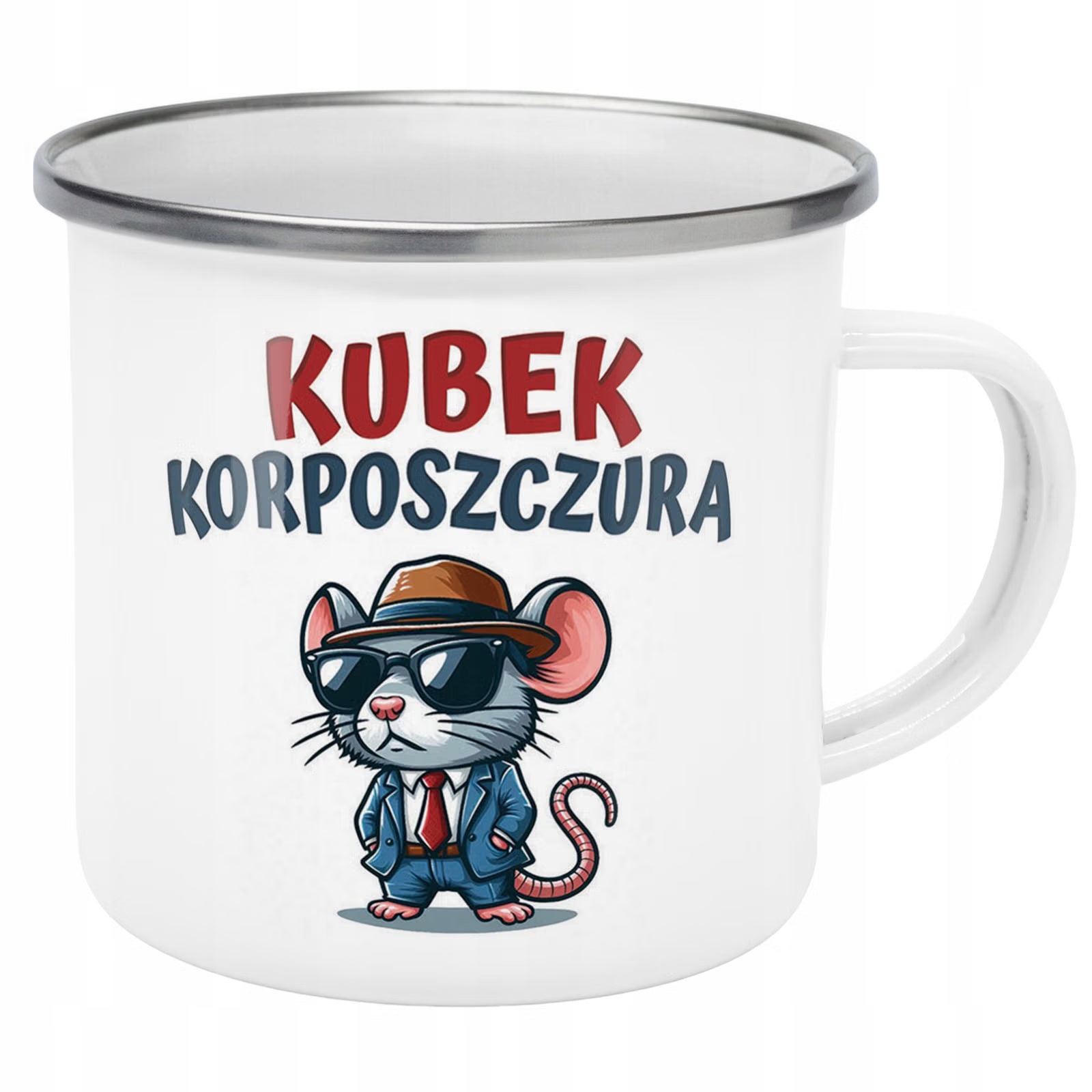 Kubek Emaliowany Korposzczura Praca Korporacja z Nadrukiem Biały Metalowy