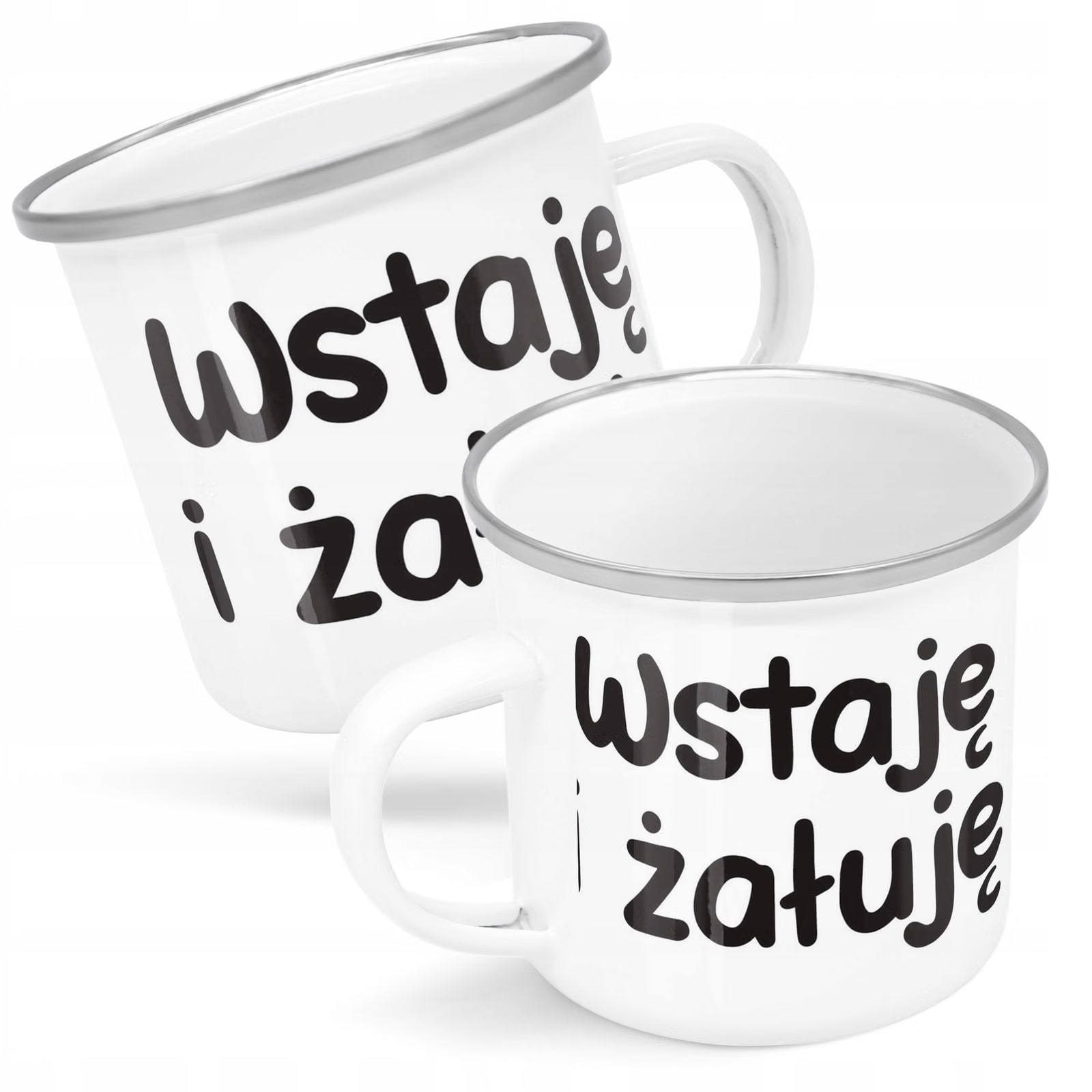 Kubek Emaliowany Wstaje i Żałuję Zabawny z Nadrukiem Biały Metalowy