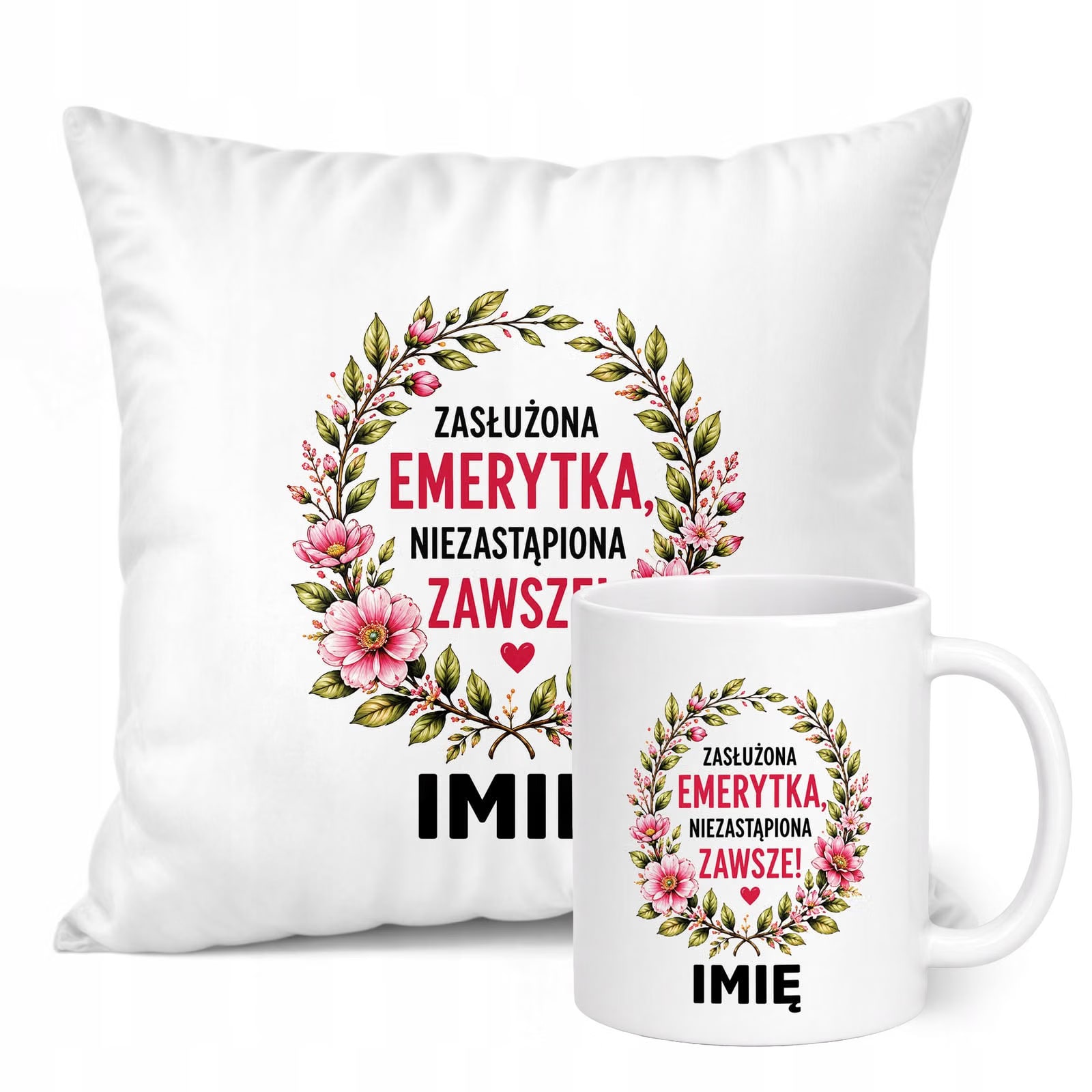 Zestaw Personalizowany Kubek Biały Poduszka Emerytura Dla Emerytki Prezent