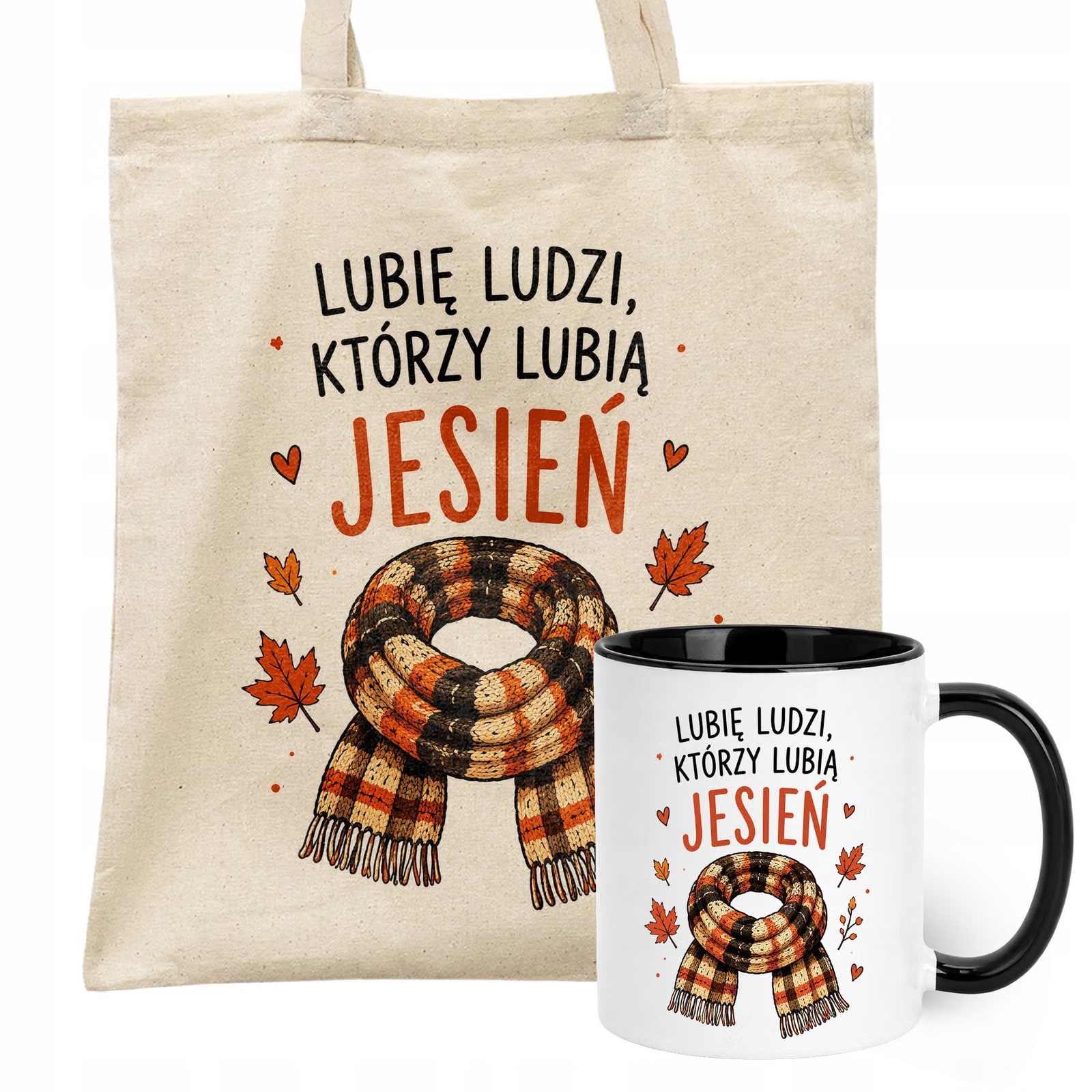 Zestaw Kubek Czarny Torba Shopper Ecru Z Nadrukiem Jesień Jesienny