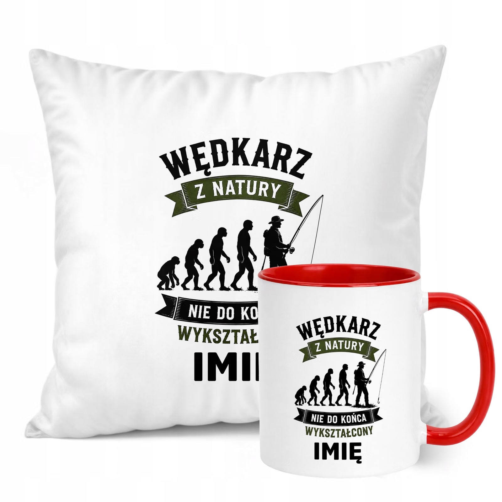 Zestaw Personalizowany Kubek Czerwony Poduszka Z Nadrukiem Dla Wędkarza