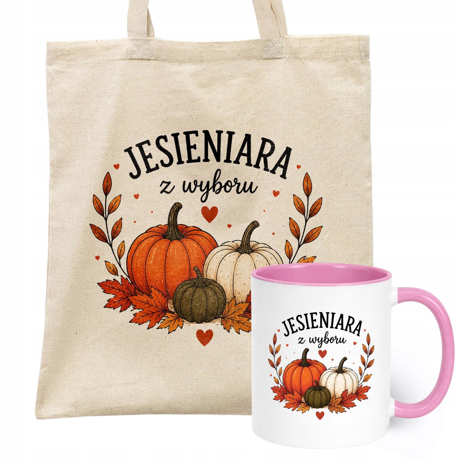 Zestaw Kubek Różowy Torba Shopper Ecru Z Nadrukiem Jesień Jesienny