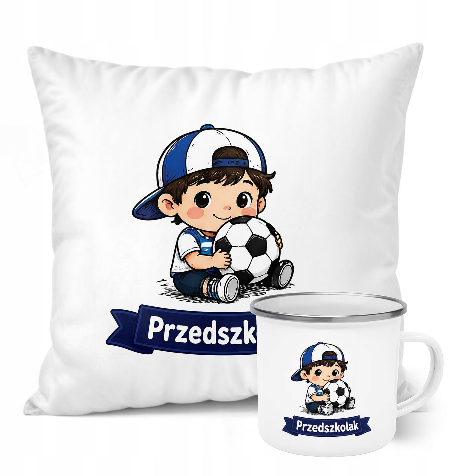 Zestaw Kubek Emaliowany Poduszka Z Nadrukiem Przedszkolak Szkoła Prezent