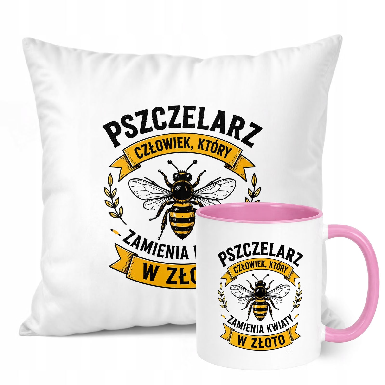 Zestaw Kubek Różowy Poduszka Z Nadrukiem Dla Pszczelarza Prezent