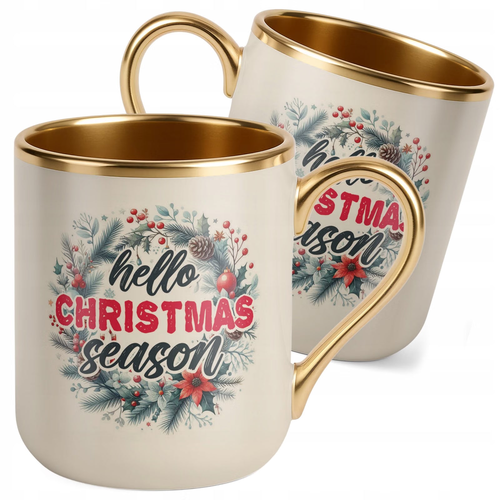 Kubek Premium Złoty Ecru Boże Narodzenie Hello Christmas Season Prezent