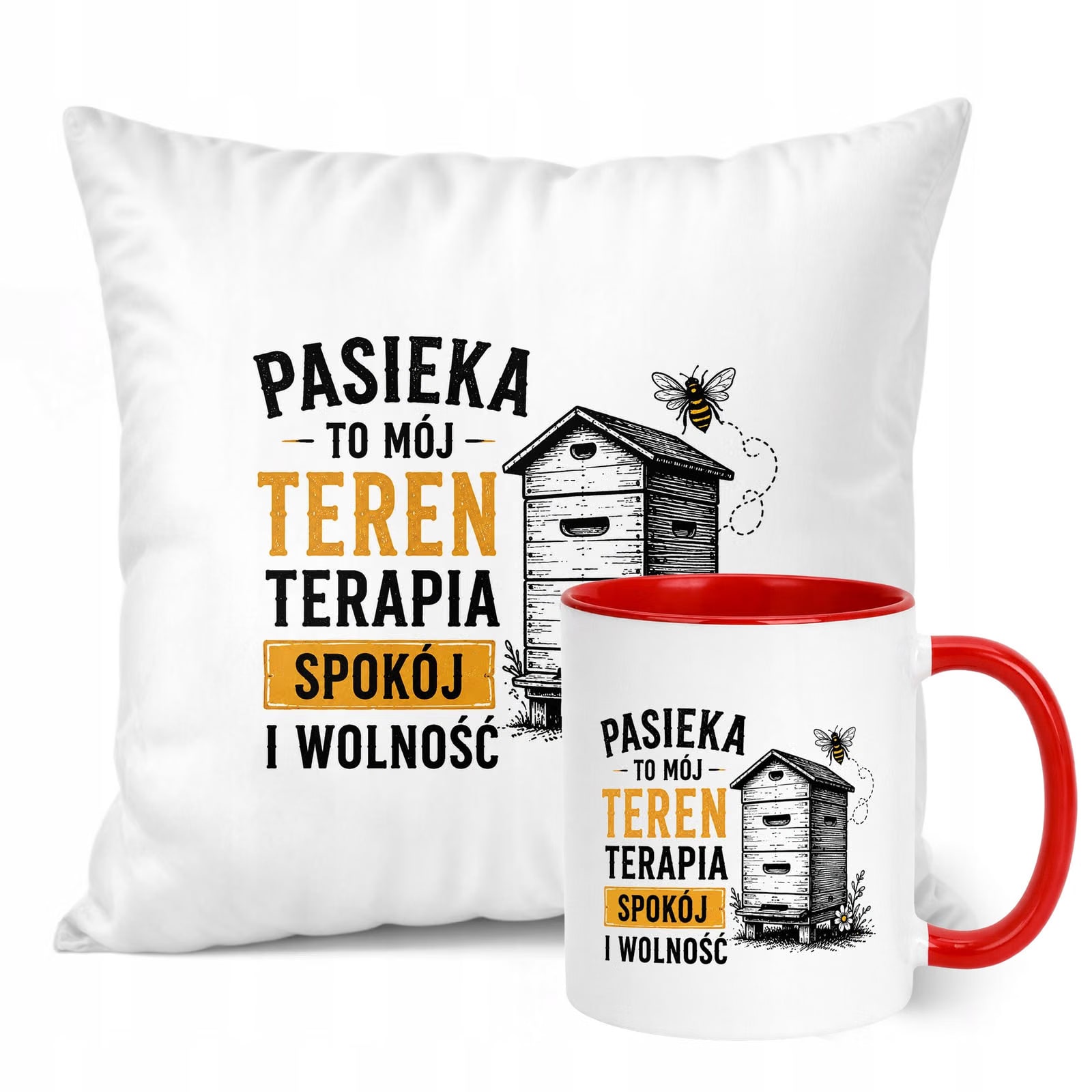 Zestaw Kubek Czerwony Poduszka Z Nadrukiem Dla Pszczelarza Prezent