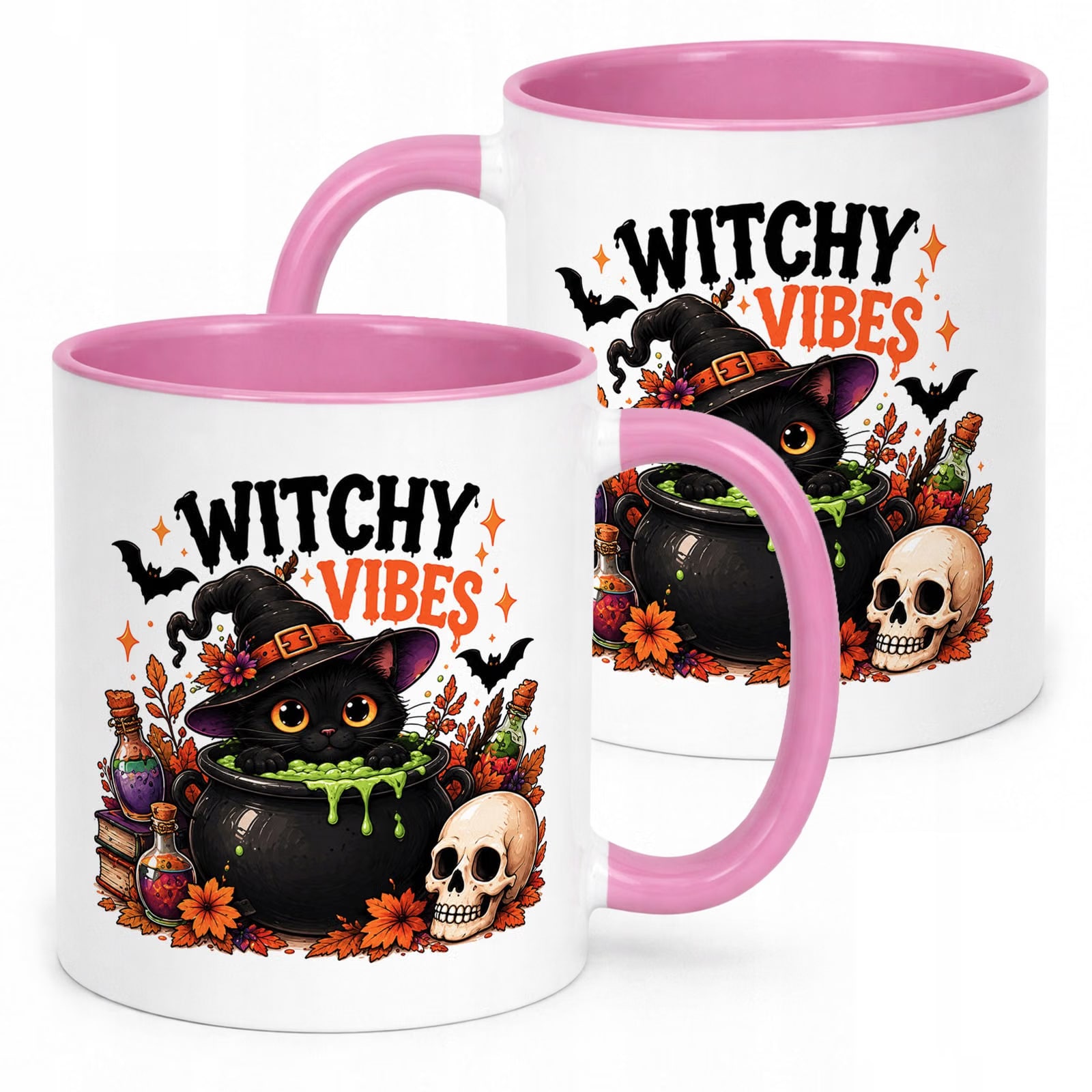 Kubek Różowy z Nadrukiem Halloween Jesień Witchy Vibes Kot Prezent