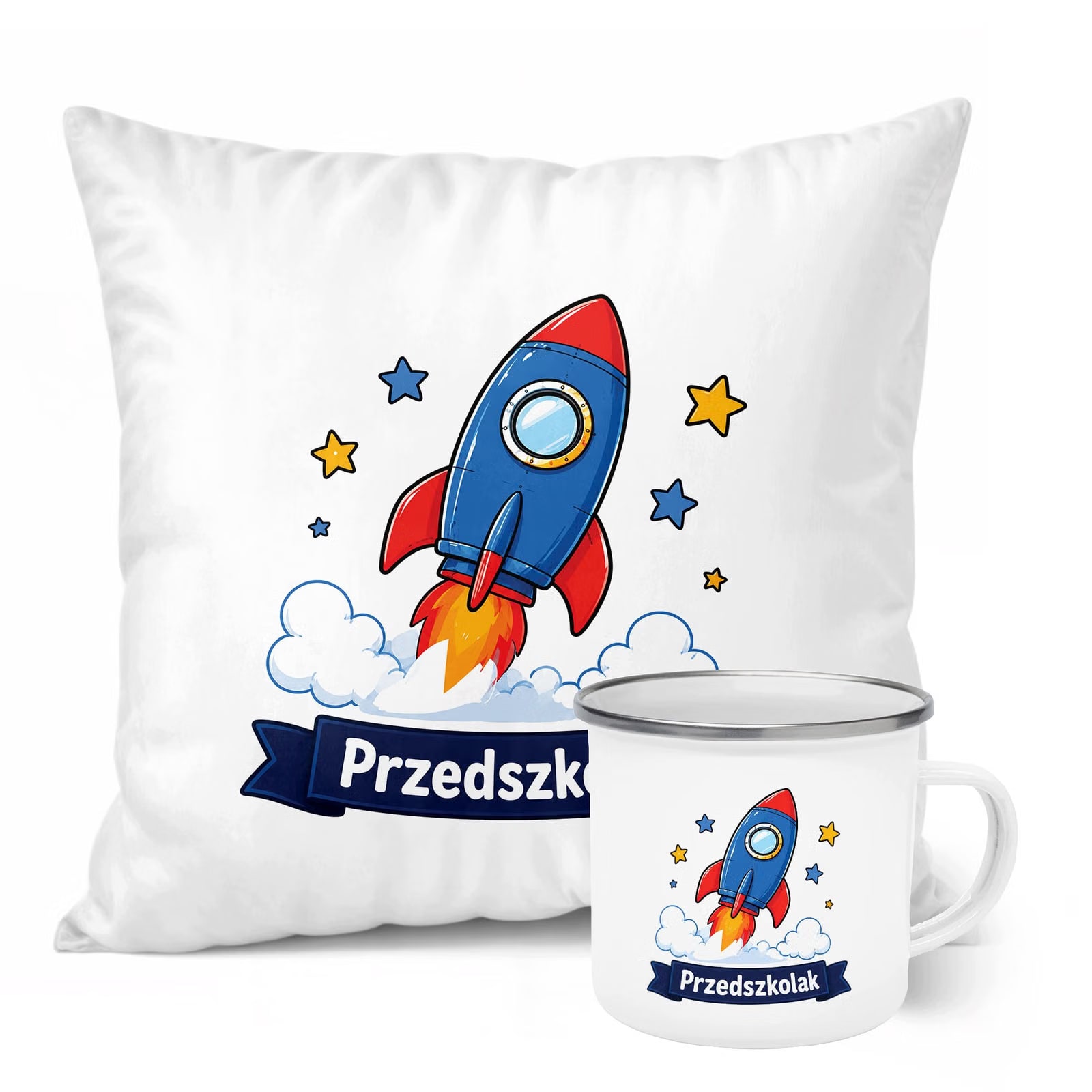 Zestaw Kubek Emaliowany Poduszka Z Nadrukiem Przedszkolak Szkoła Prezent