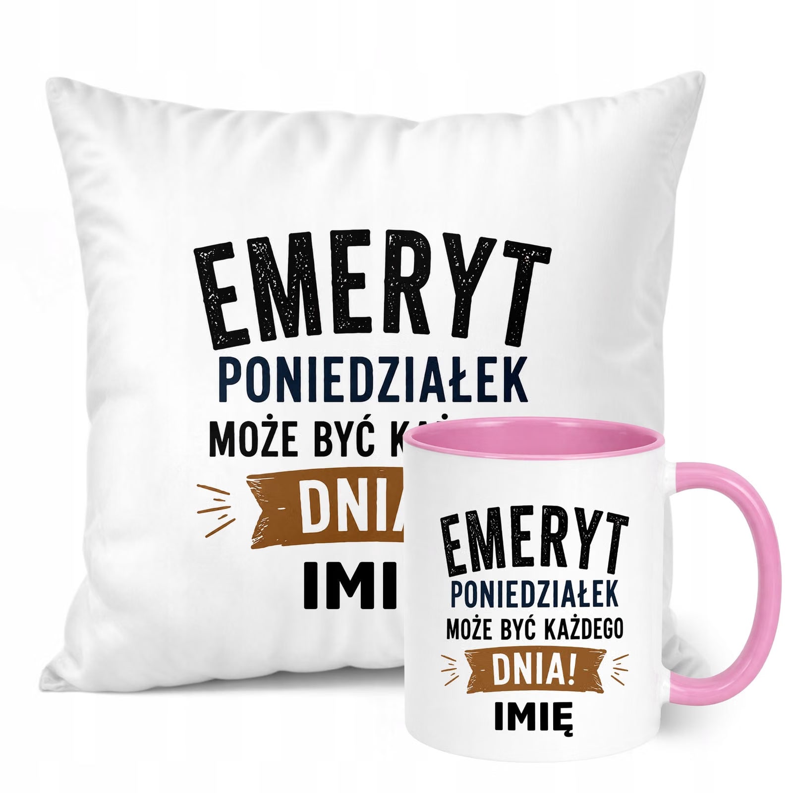 Zestaw Personalizowany Kubek Różowy Poduszka Emerytura Upominek Prezent