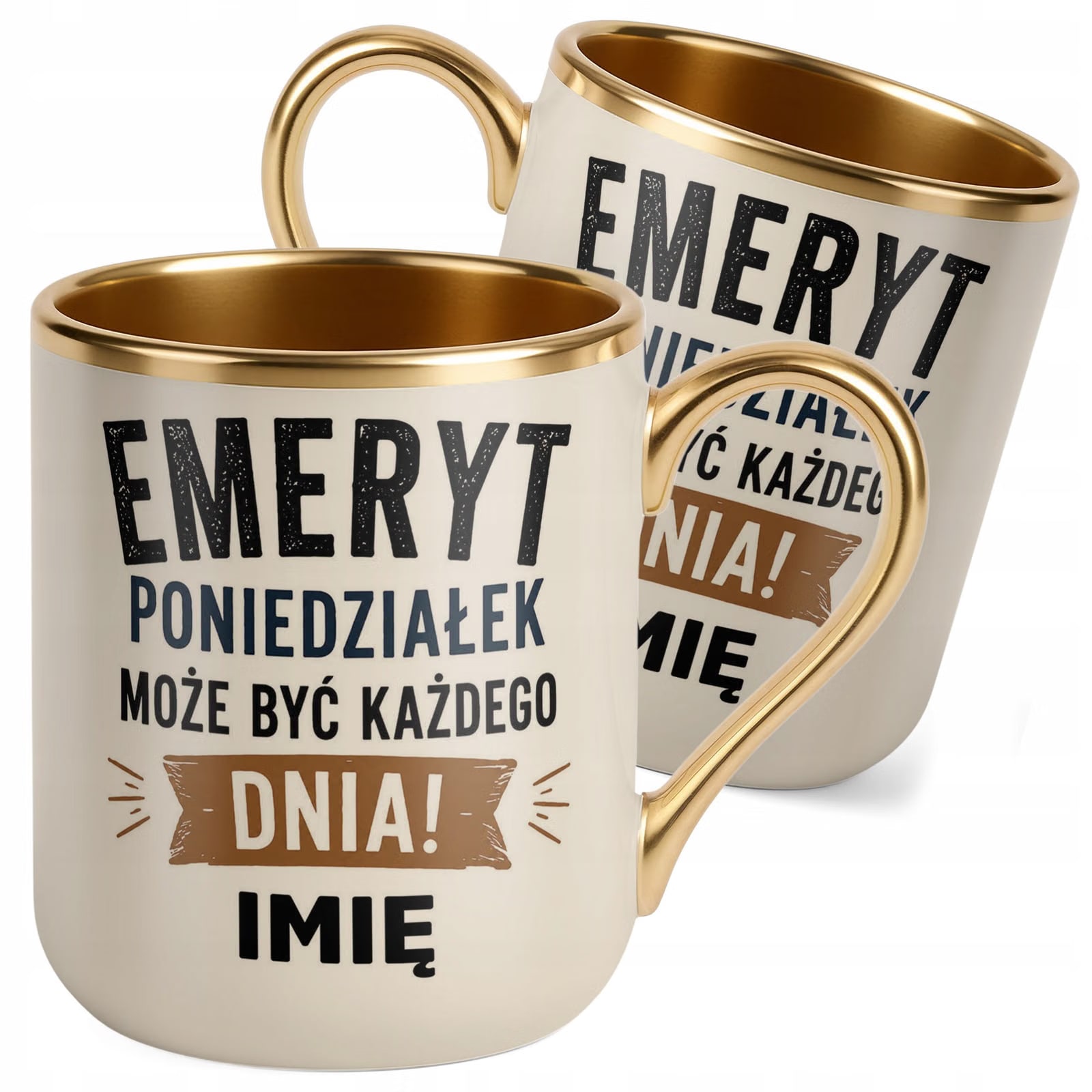 Kubek Personalizowany z nadrukiem Premium Złoty Ecru Emerytura Prezent