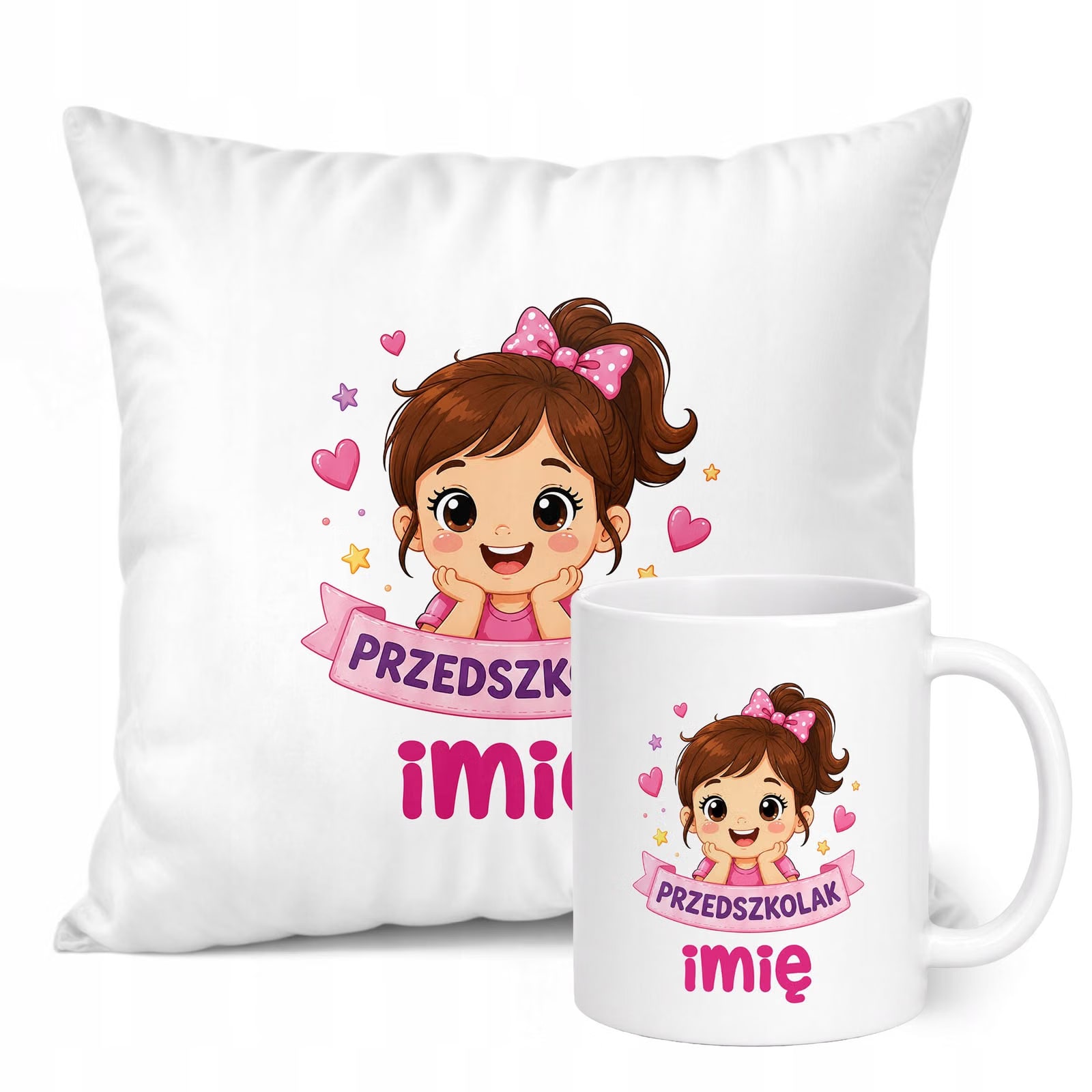Zestaw Personalizowany Kubek Biały Poduszka Przedszkolak Prezent