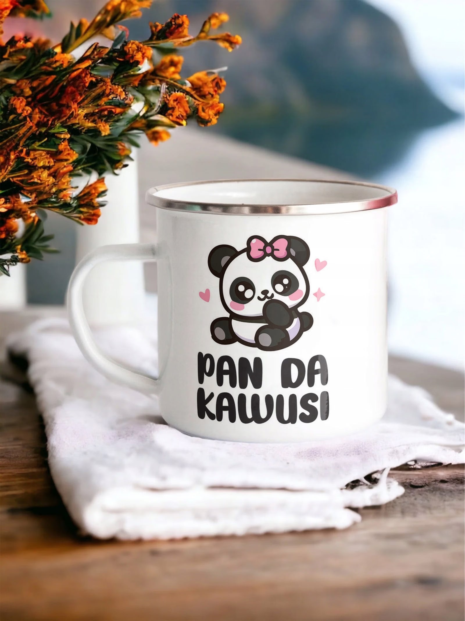 Kubek Emaliowany Pan Da Kawusi Panda Zabawny z Nadrukiem Biały Metalowy