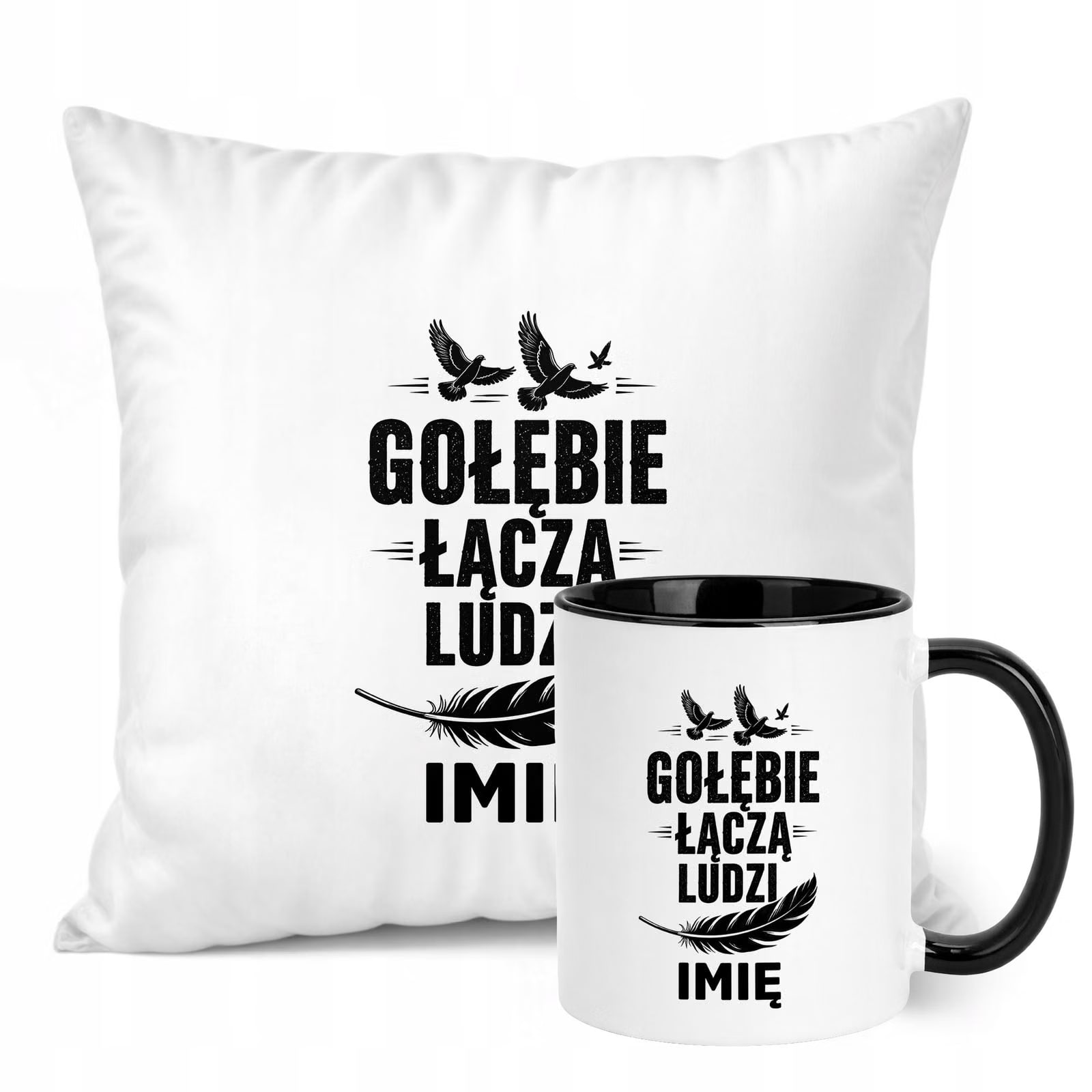 Zestaw Personalizowany Kubek Czarny Poduszka Z Nadrukiem Dla Gołębiarza
