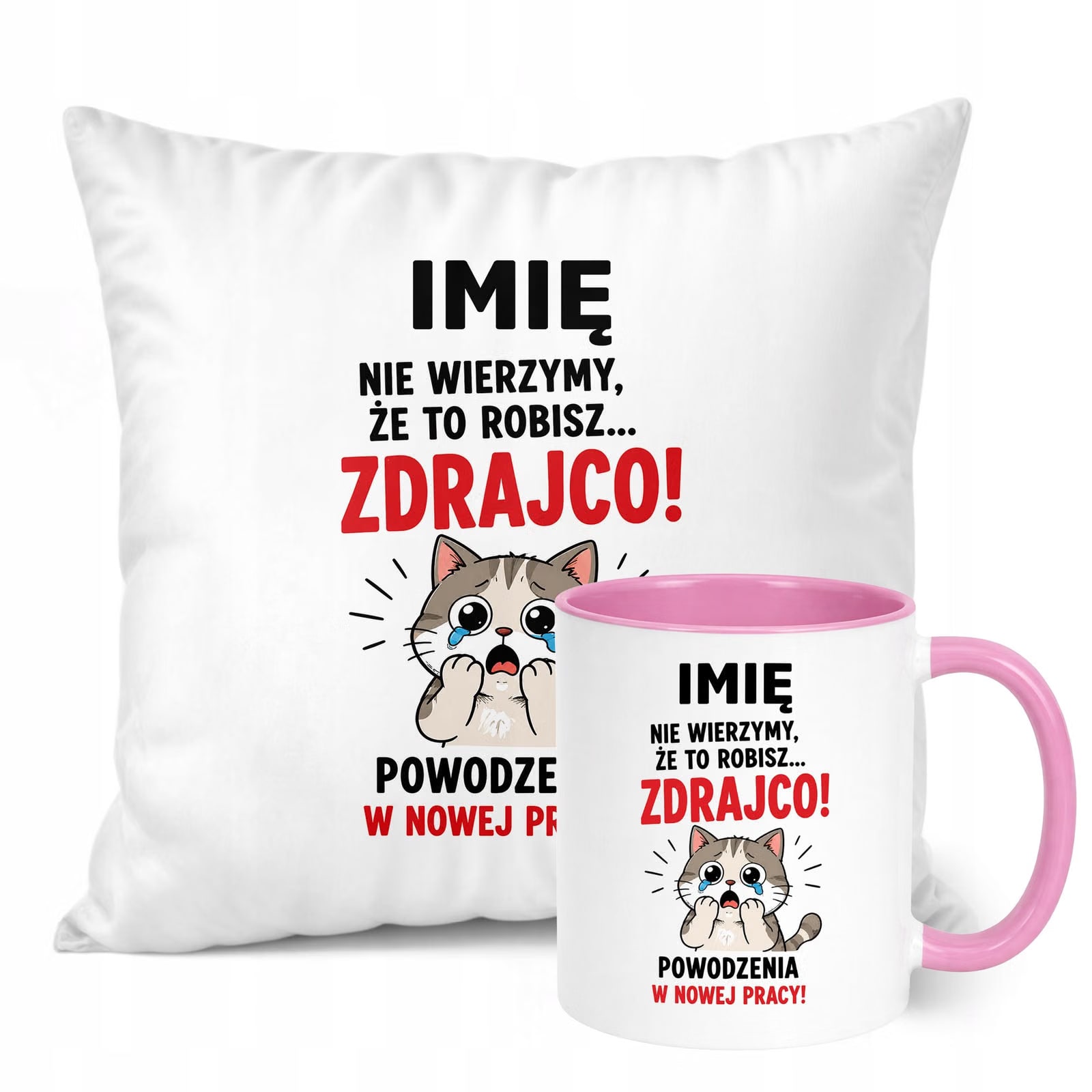 Zestaw Personalizowany Kubek Różowy Poduszka Odejście z Pracy Prezent