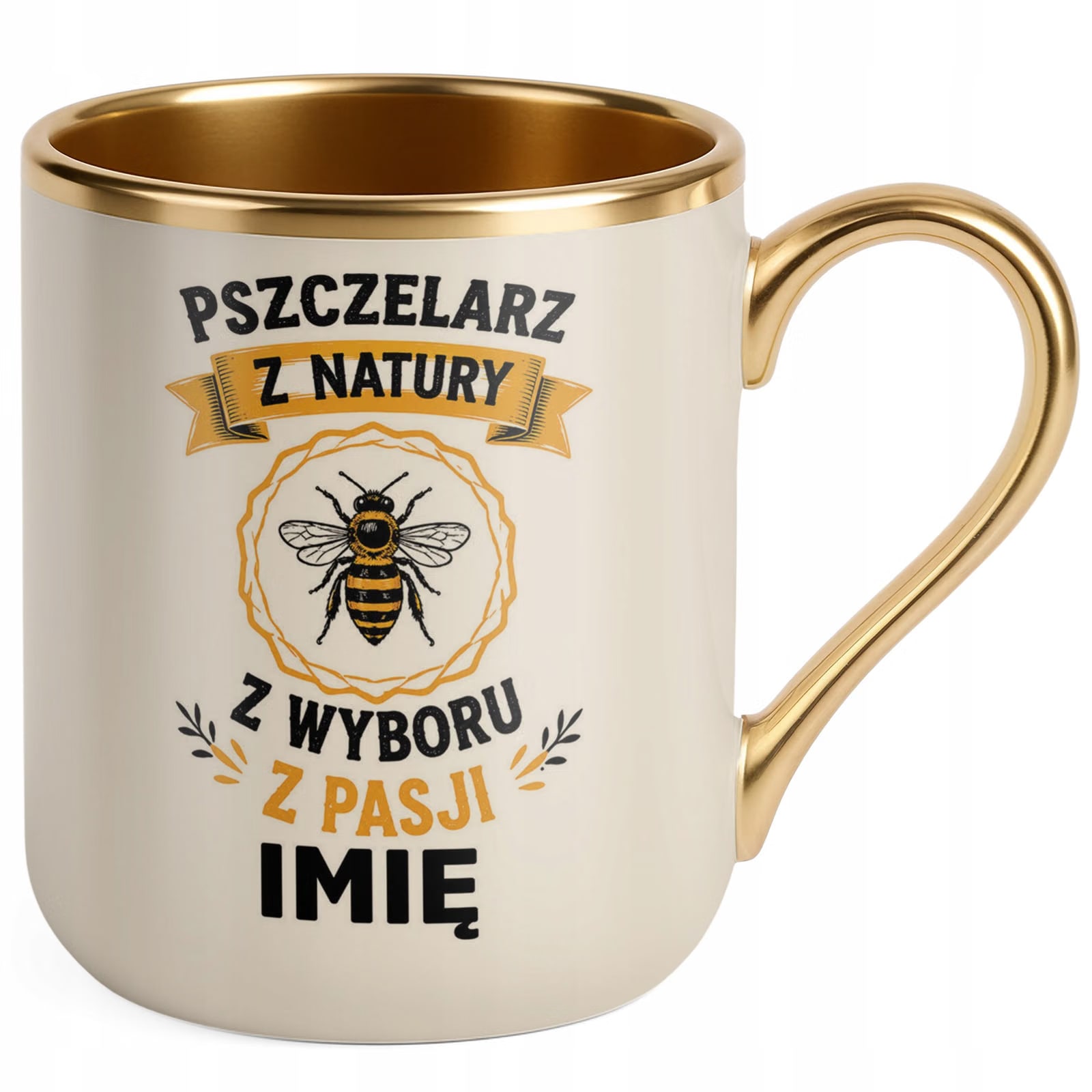 Kubek Personalizowany z nadrukiem Premium Złoty Ecru Dla Pszczelarza