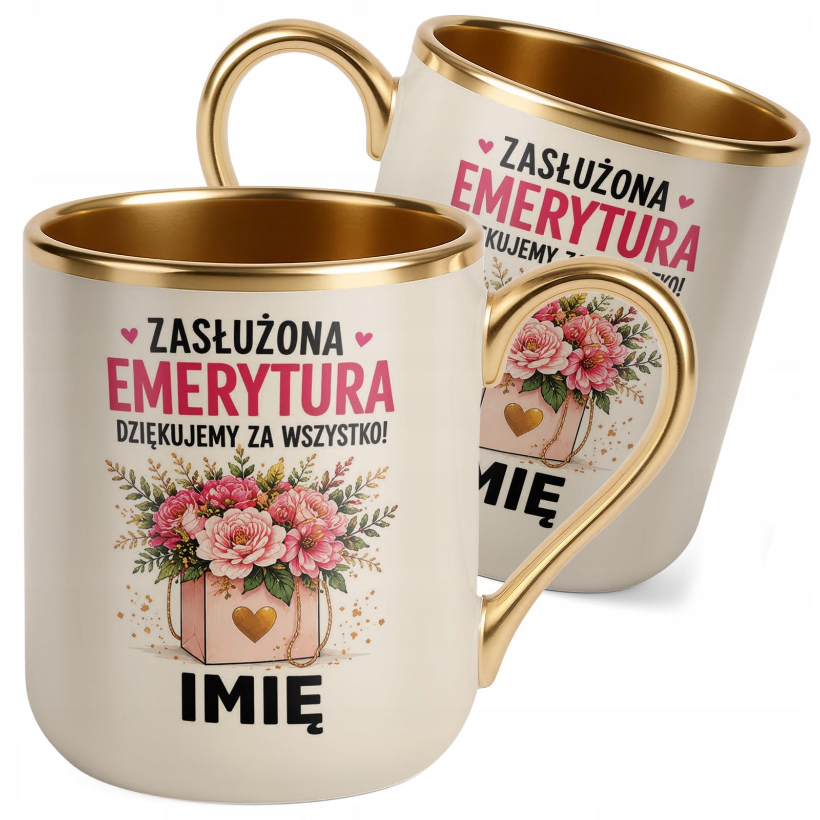 Kubek Personalizowany z nadrukiem Premium Złoty Ecru Emerytura Prezent