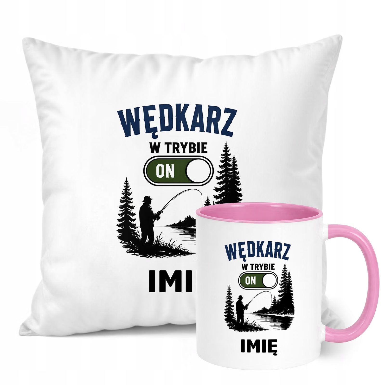 Zestaw Personalizowany Kubek Różowy Poduszka Z Nadrukiem Dla Wędkarza