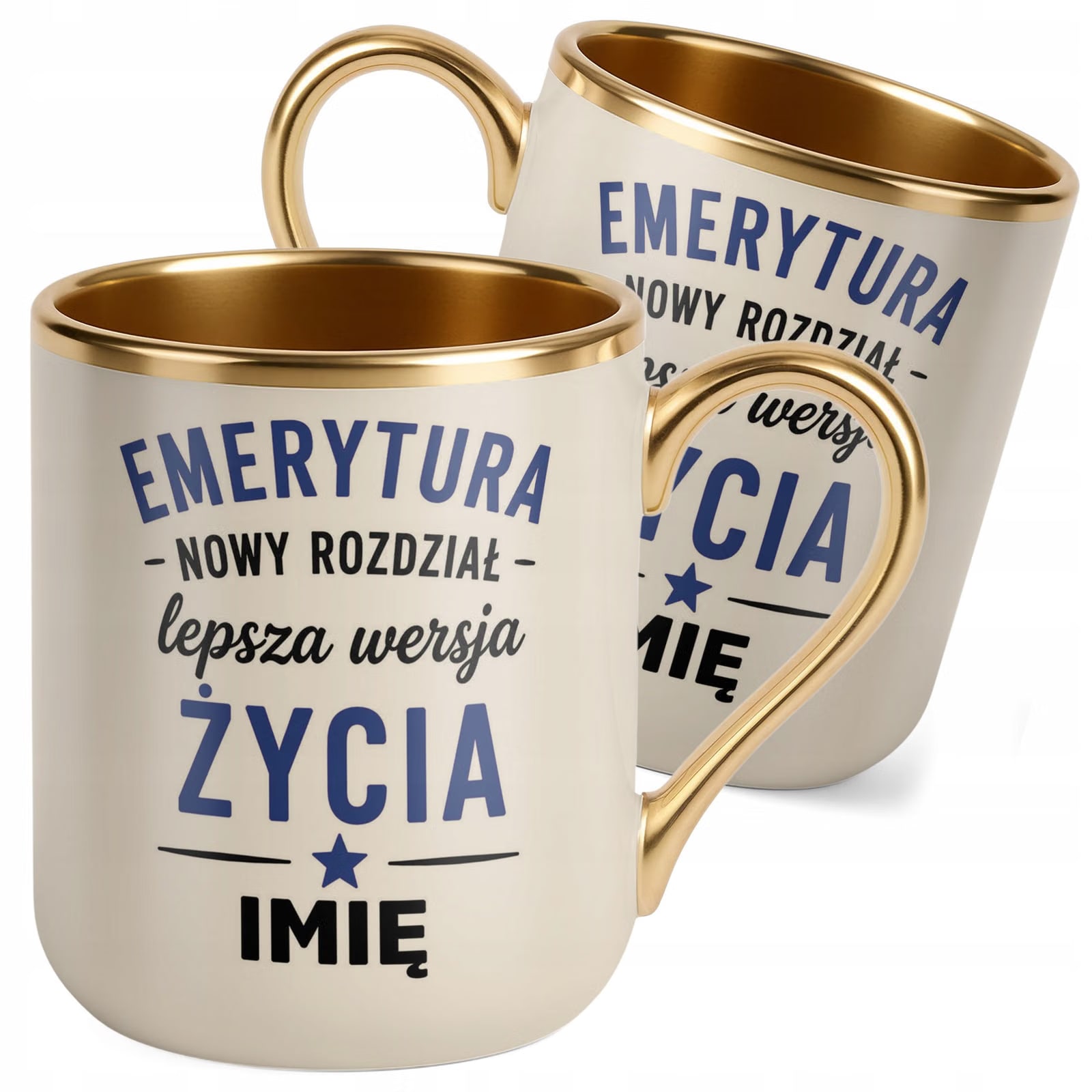 Kubek Personalizowany z nadrukiem Premium Złoty Ecru Emerytura Prezent