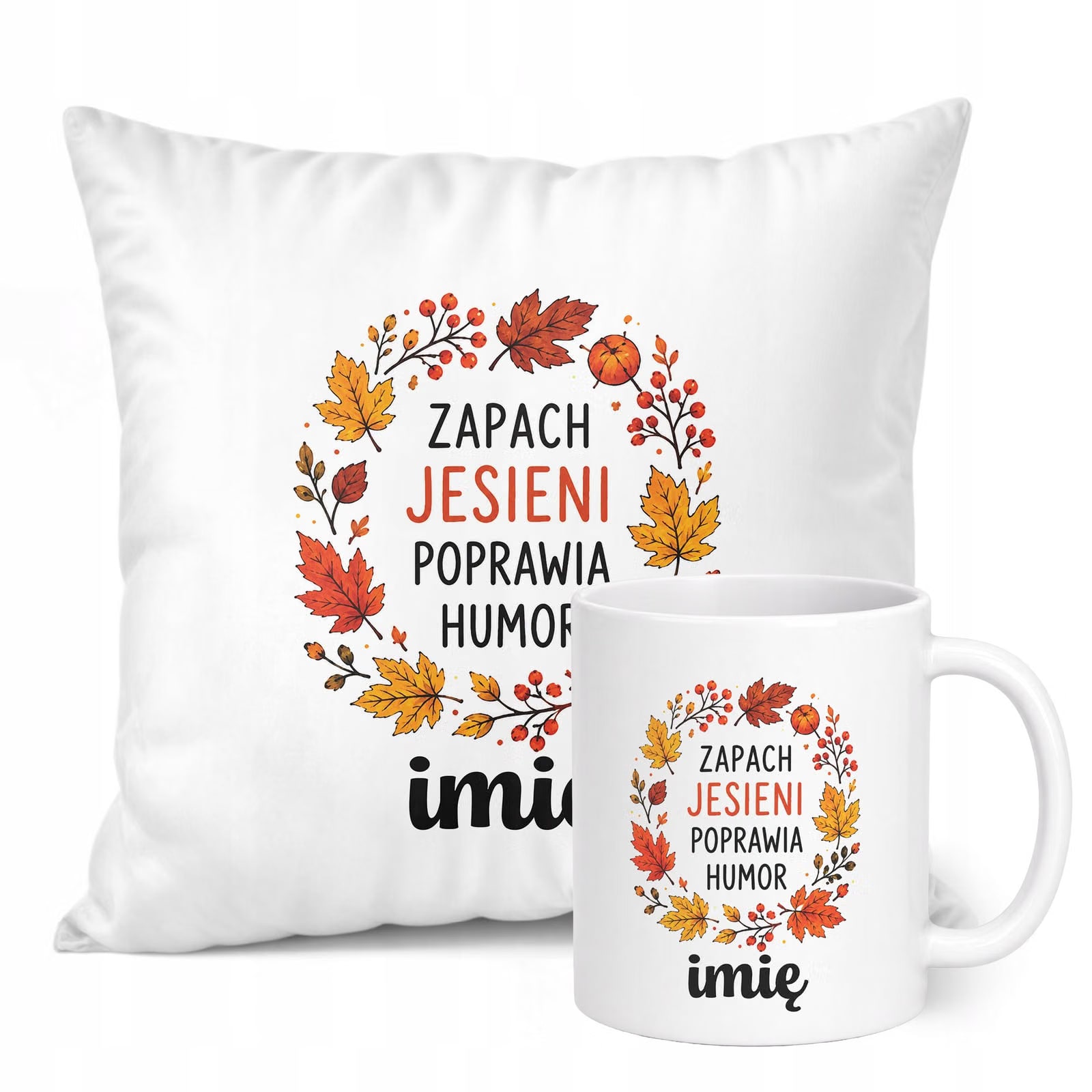 Zestaw Personalizowany Kubek Biały Poduszka Jesień Jesienny Z Nadrukiem