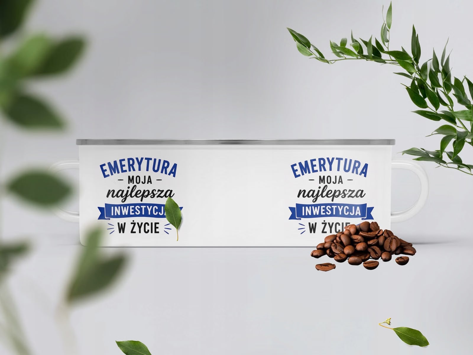 Kubek Emaliowany Emerytura Dla Emeryta z Nadrukiem Biały Metalowy Prezent