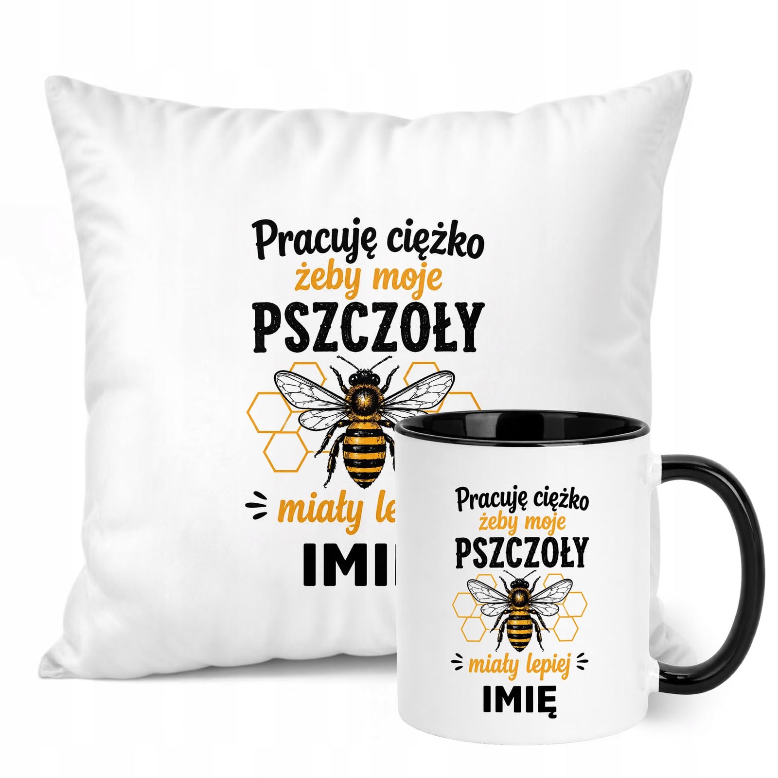 Zestaw Personalizowany Kubek Czarny Poduszka Z Nadrukiem Dla Pszczelarza