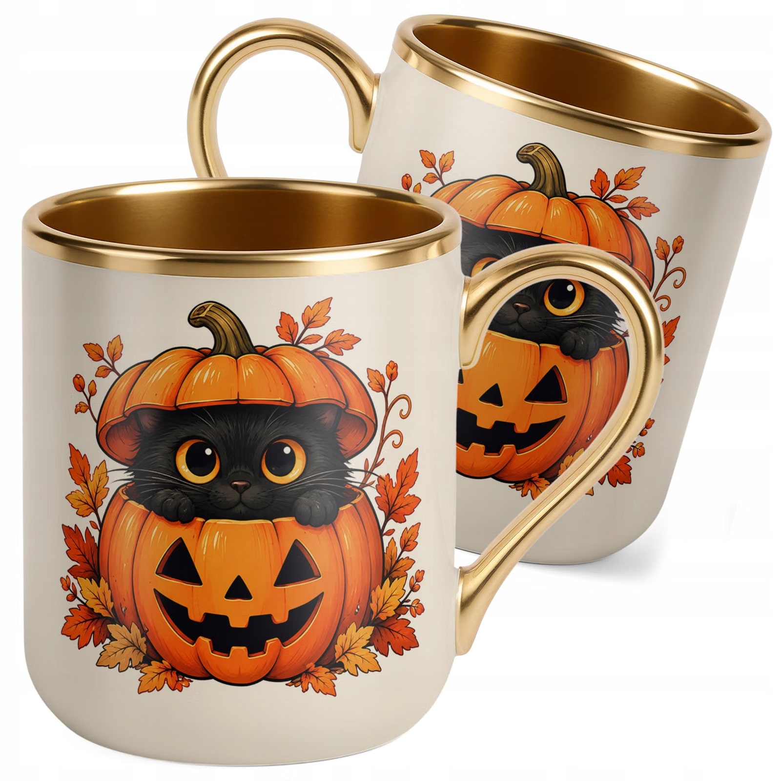 Kubek Premium Złoty Ecru z Nadrukiem Halloween Jesień Prezent