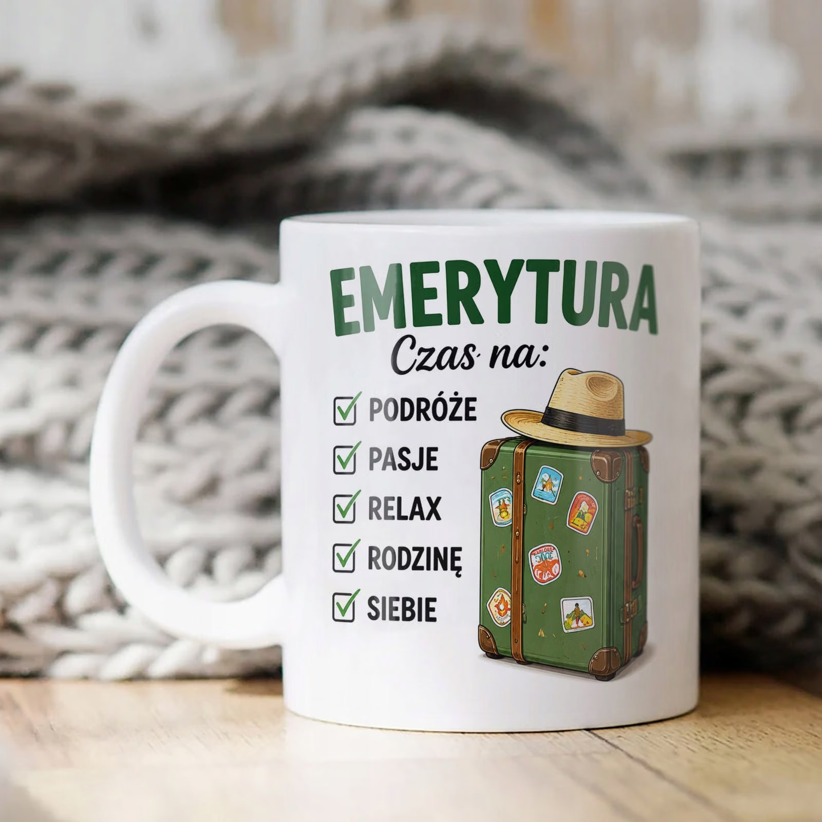 Biały Kubek z nadrukiem Emerytura Dla Emeryta Emerytki Upominek Prezent