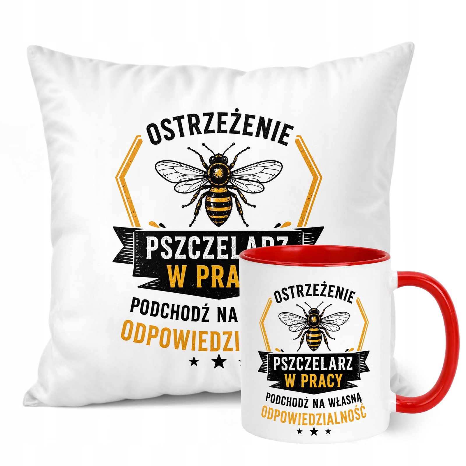 Zestaw Kubek Czerwony Poduszka Z Nadrukiem Dla Pszczelarza Prezent