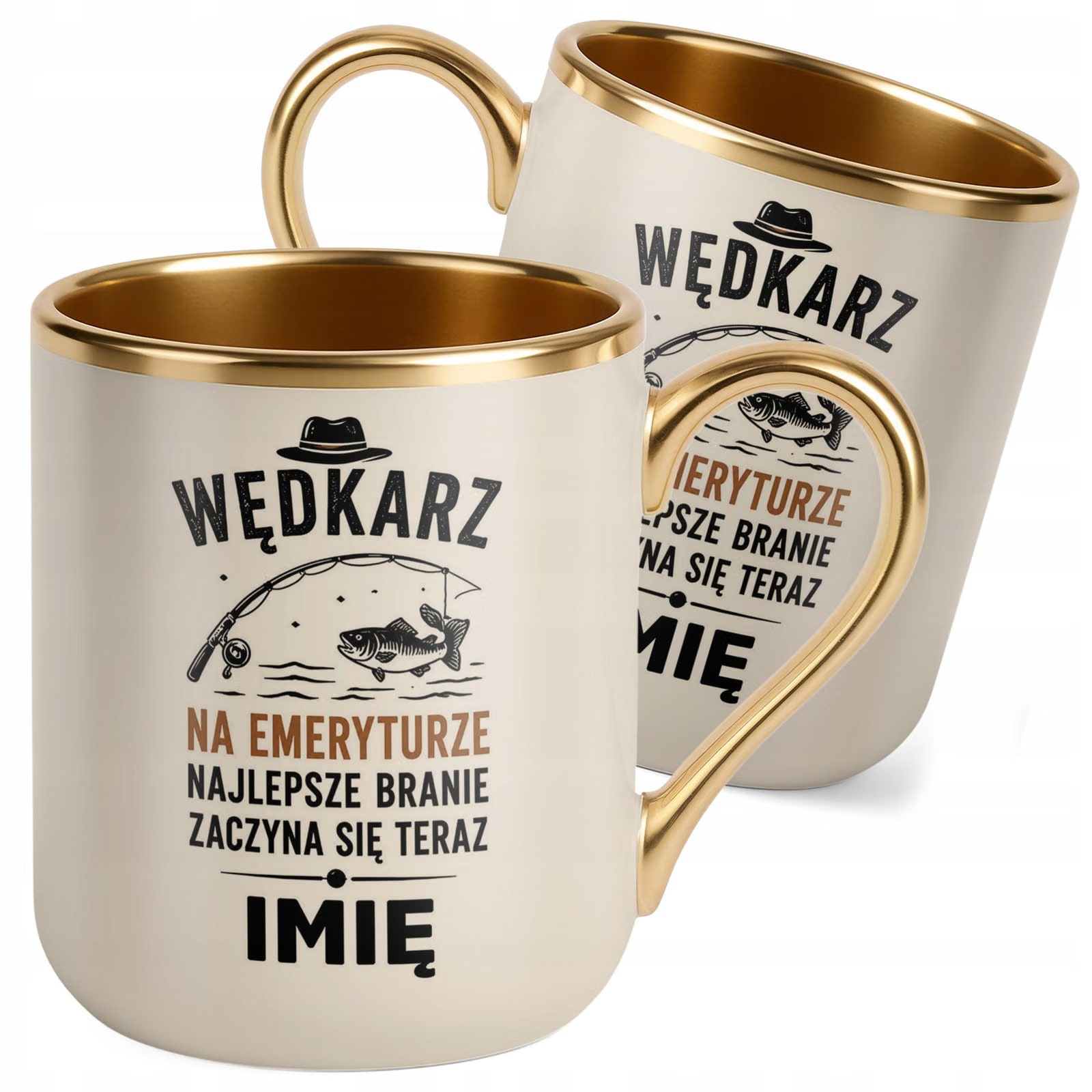 Kubek Personalizowany z nadrukiem Premium Złoty Ecru Emerytura Prezent