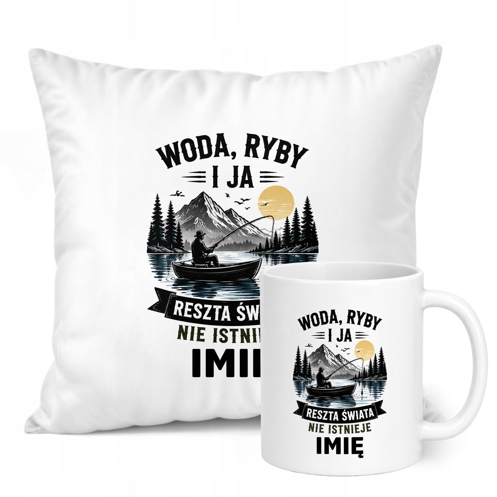Zestaw Personalizowany Kubek Biały Poduszka Z Nadrukiem Dla Wędkarza