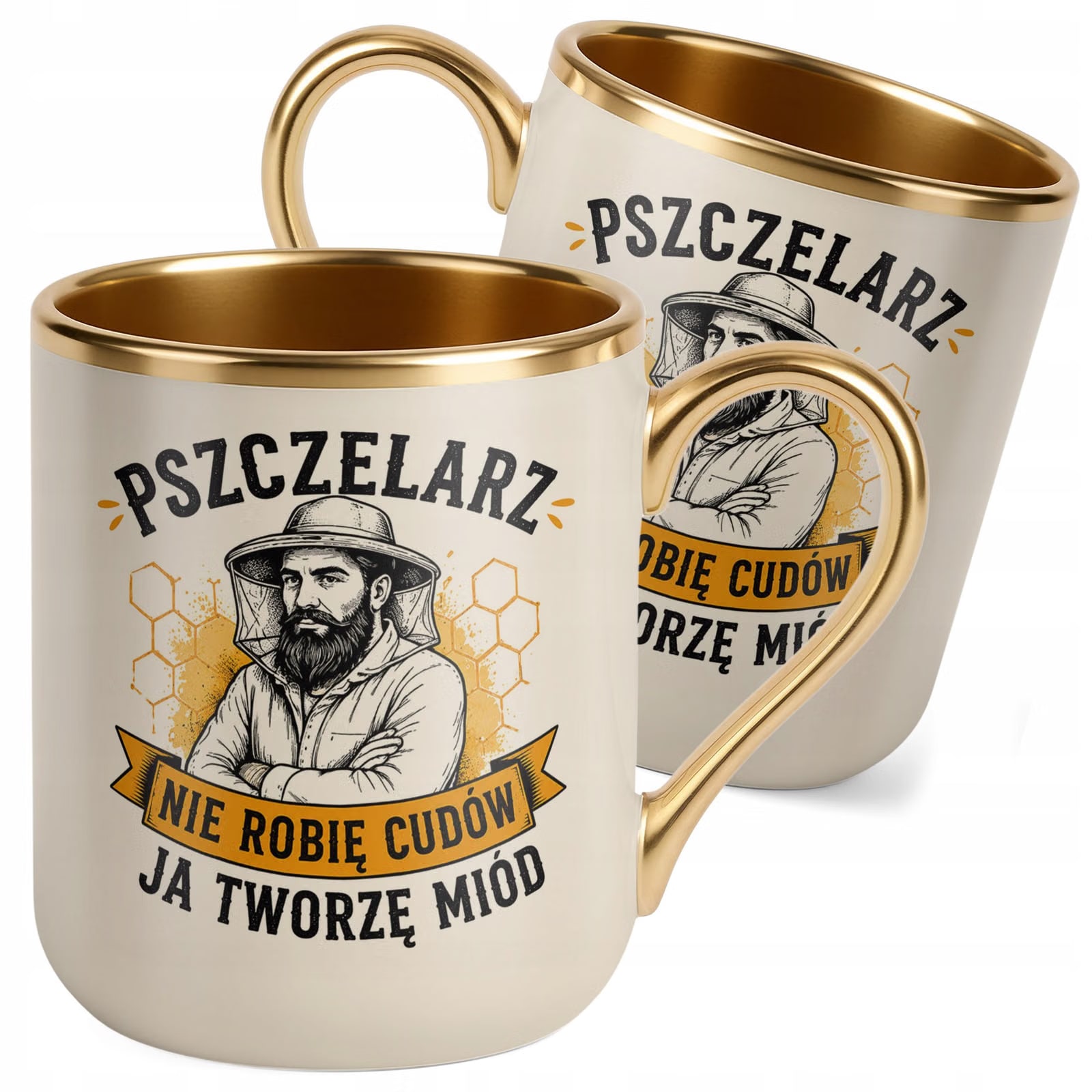 Kubek z nadrukiem Premium Złoty Ecru Dla Pszczelarza Szef Pasieki Prezent