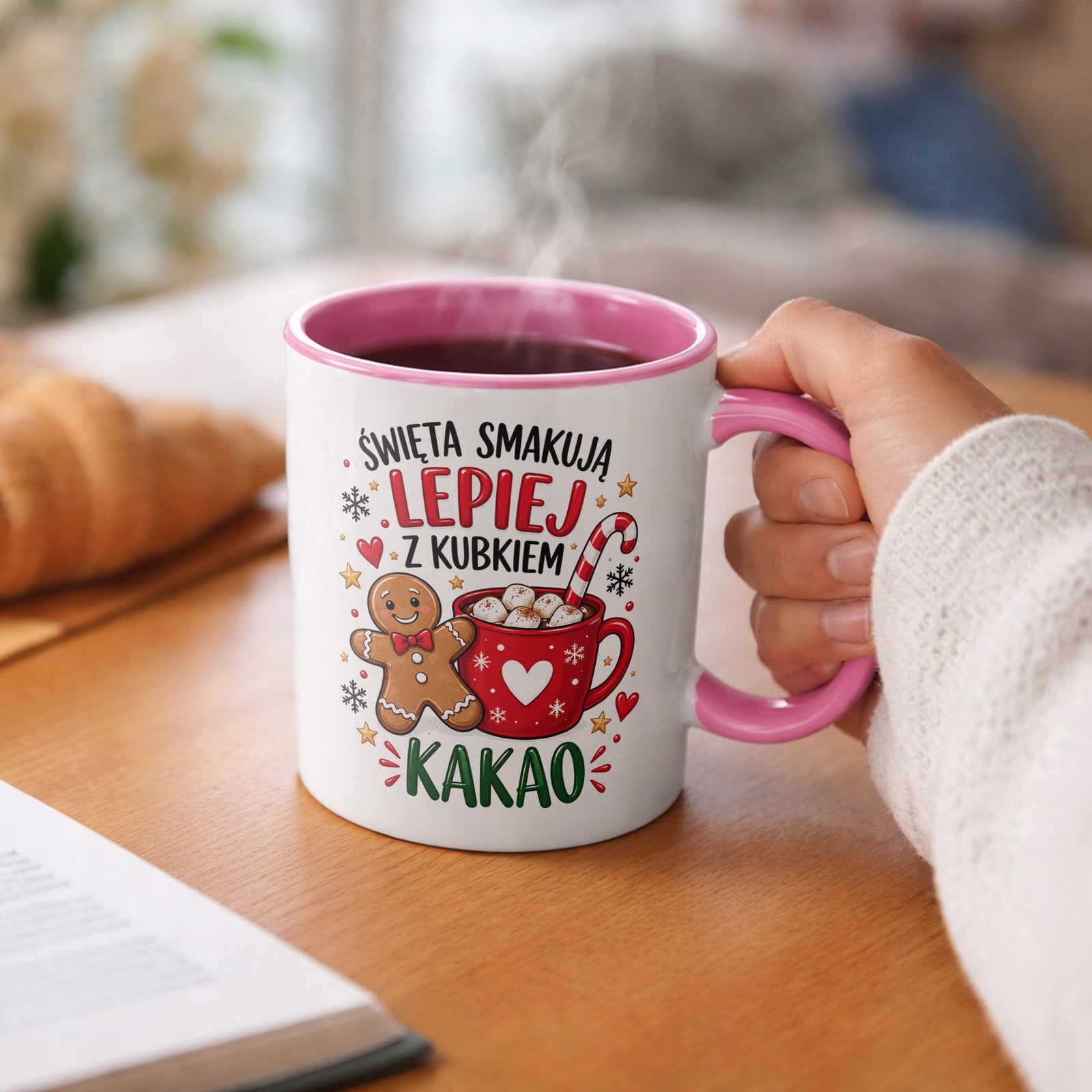 Kubek Różowy Boże Narodzenie Mikołajki Święta Kakao Piernik Prezent