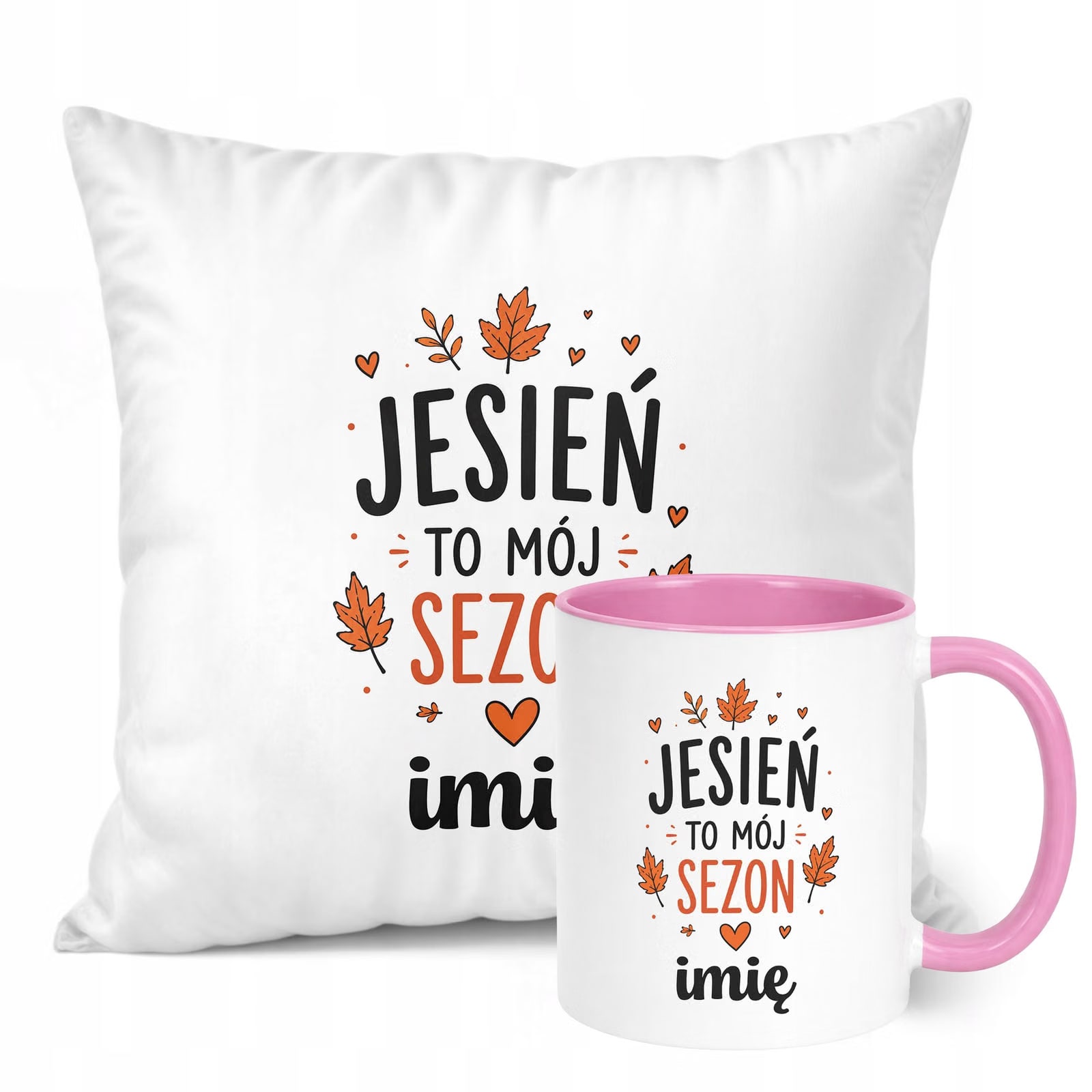 Zestaw Personalizowany Kubek Różowy Poduszka Jesień Jesienny Z Nadrukiem
