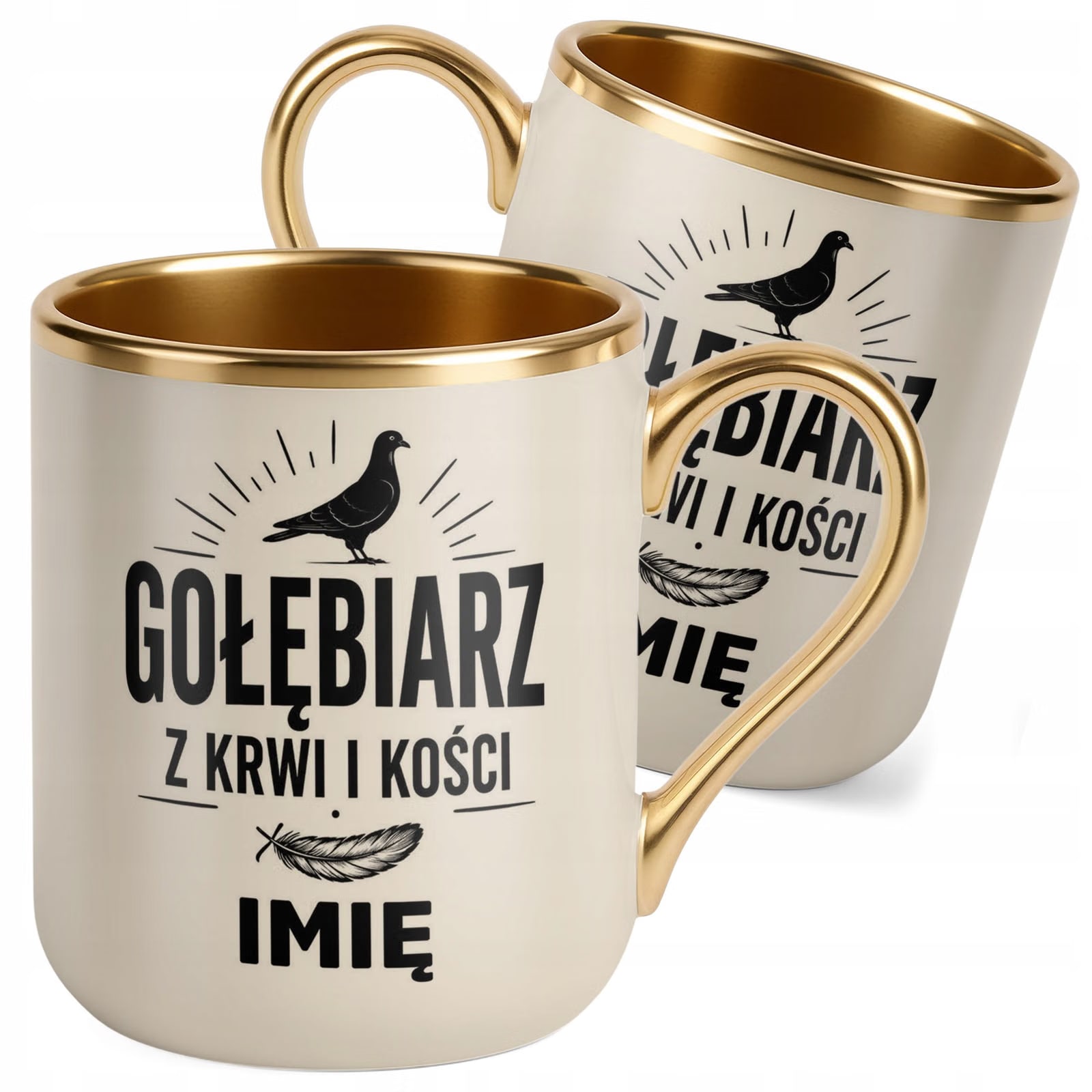Kubek Personalizowany z nadrukiem Premium Złoty Ecru Dla Gołębiarza Prezent