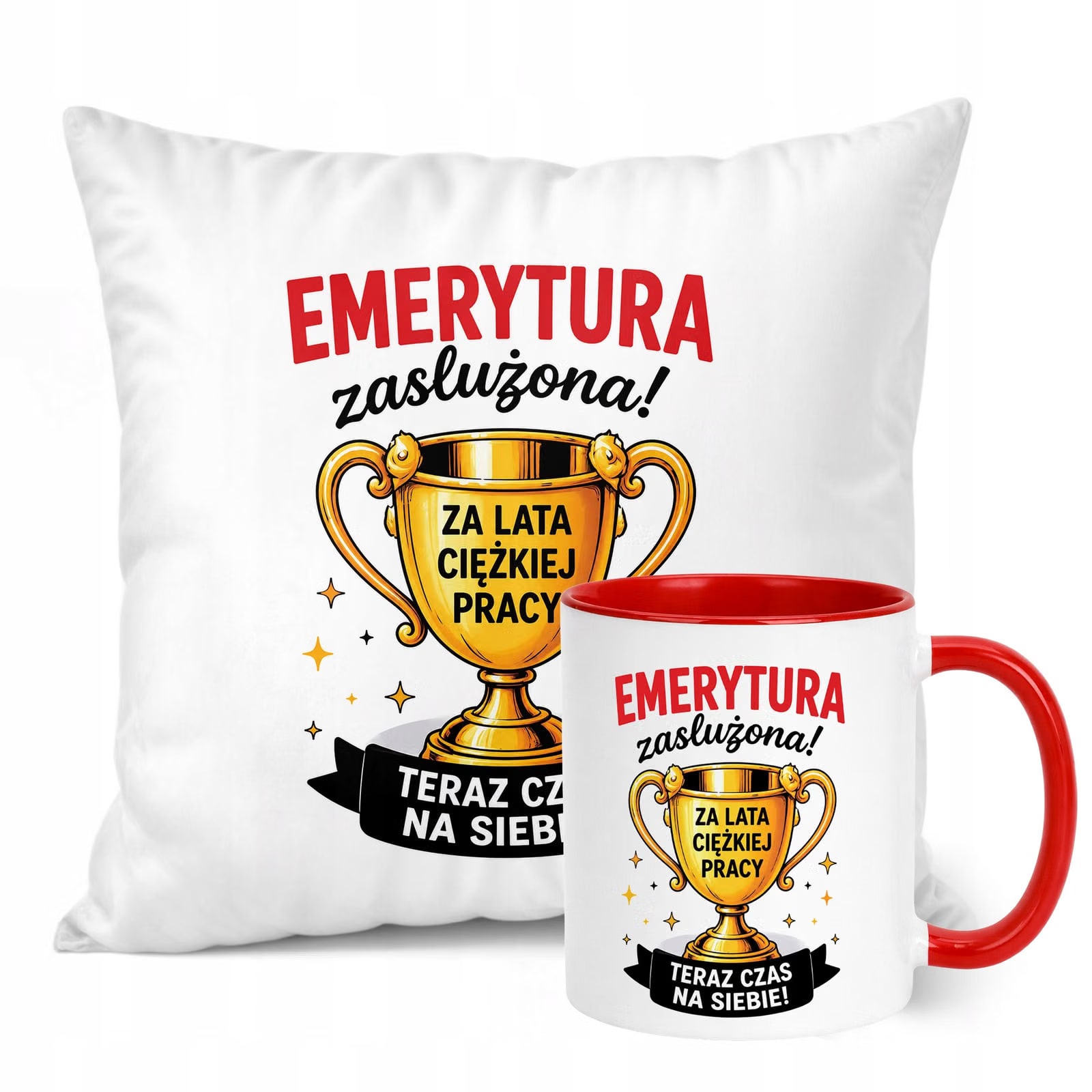 Zestaw Kubek Czerwony Poduszka Z Nadrukiem Emerytura Prezent