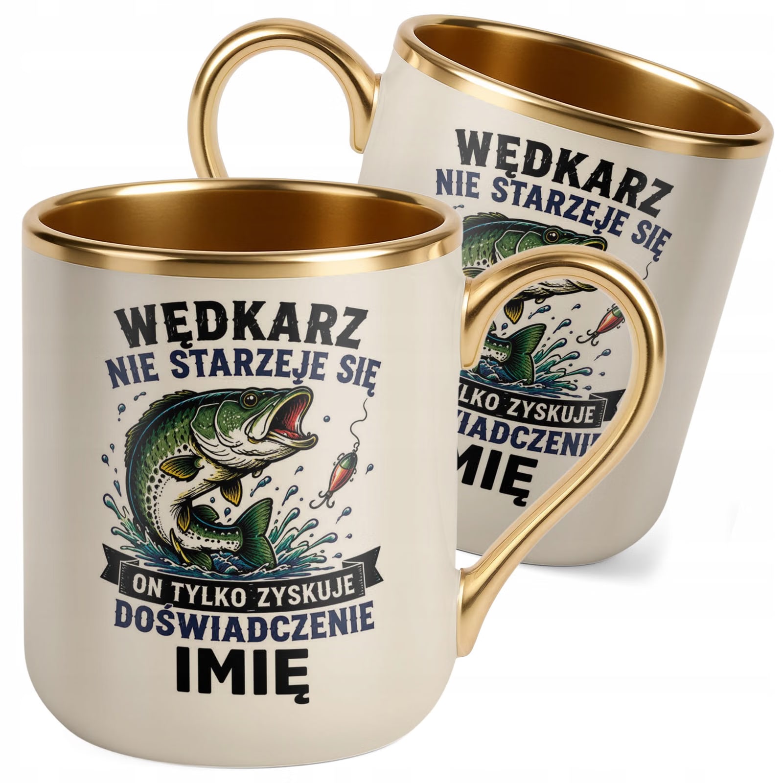 Kubek Personalizowany z nadrukiem Premium Złoty Ecru Dla Wędkarza Prezent