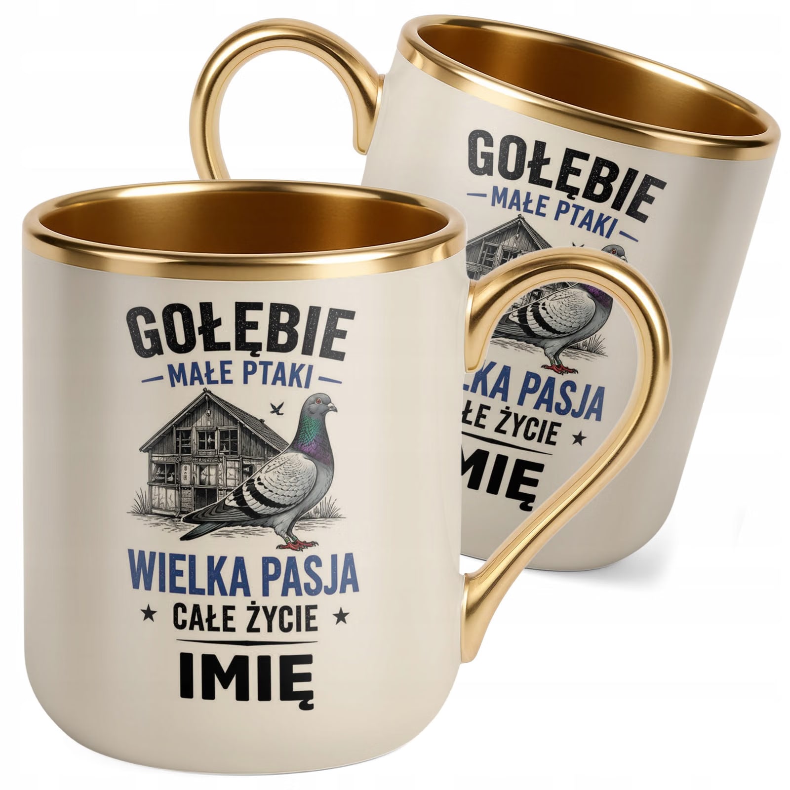 Kubek Personalizowany z nadrukiem Premium Złoty Ecru Dla Gołębiarza Prezent