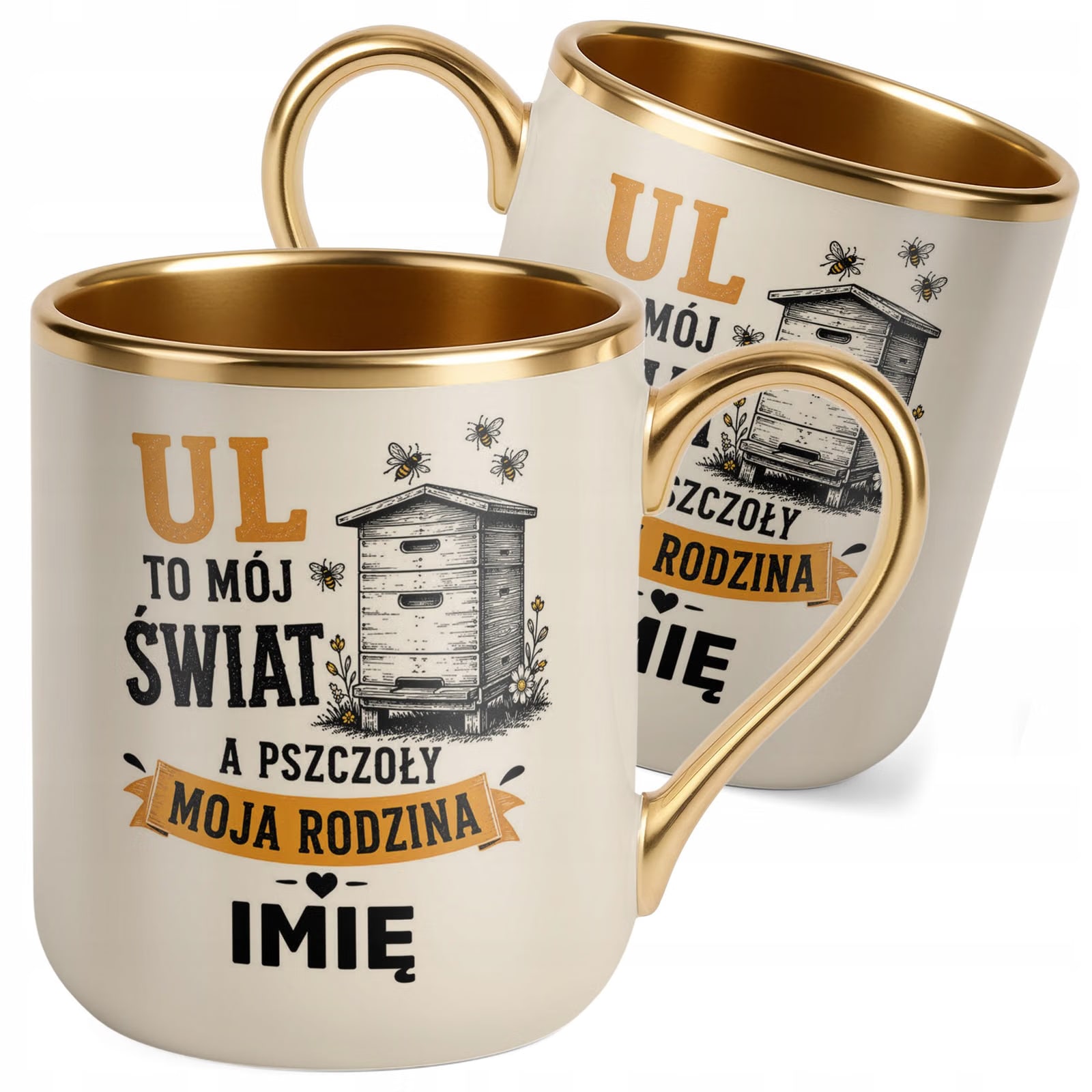 Kubek Personalizowany z nadrukiem Premium Złoty Ecru Dla Pszczelarza