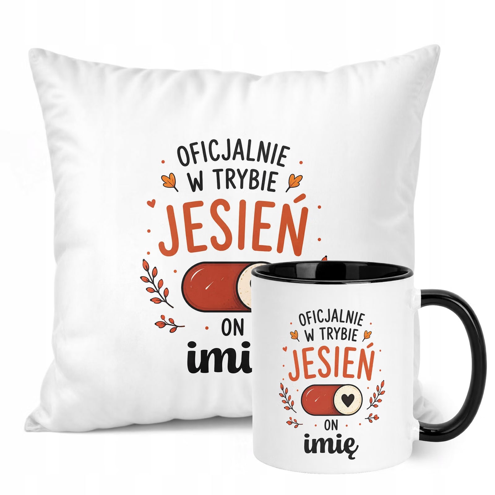 Zestaw Personalizowany Kubek Czarny Poduszka Jesień Jesienny Z Nadrukiem