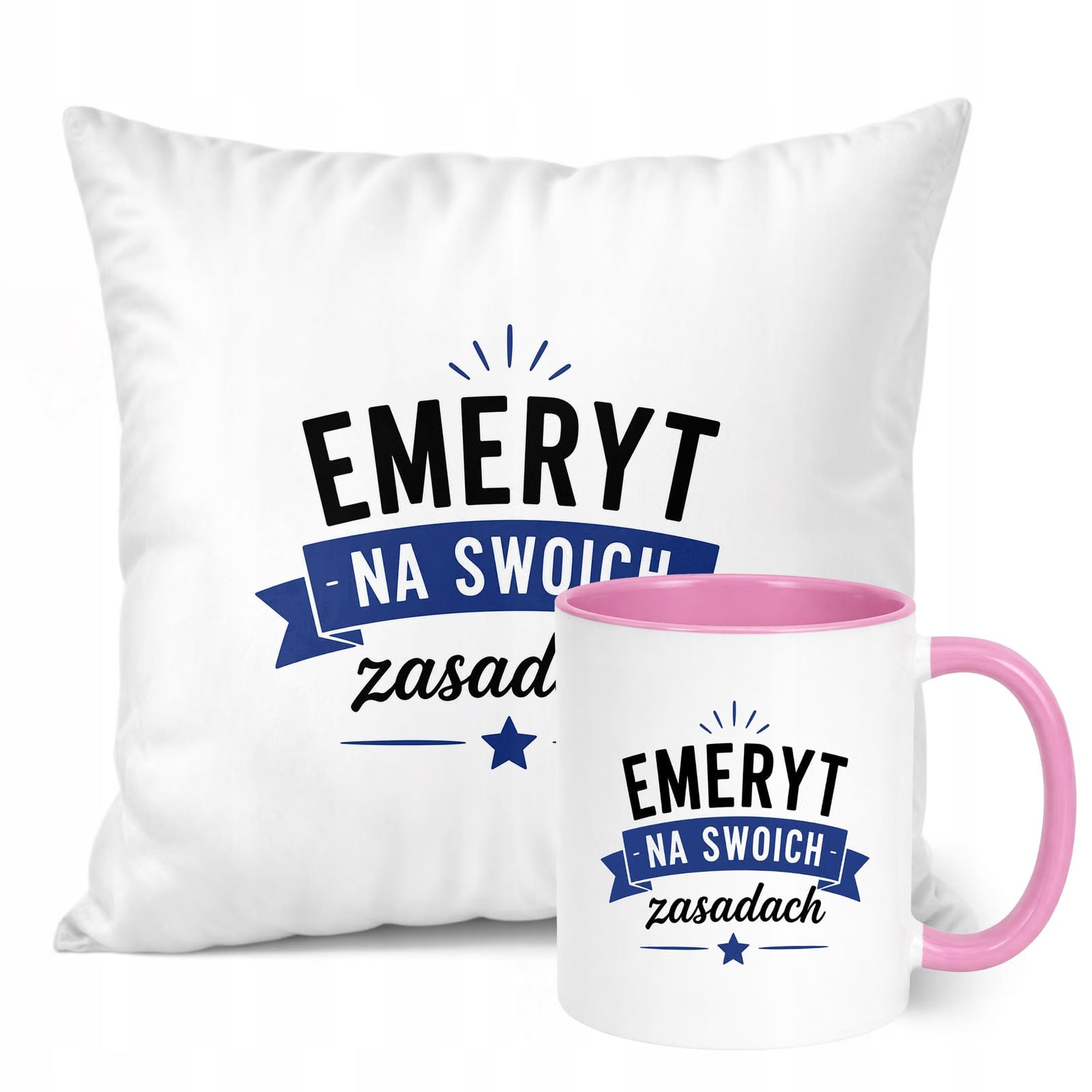 Zestaw Kubek Różowy Poduszka Z Nadrukiem Emerytura Dla Emeryta Prezent