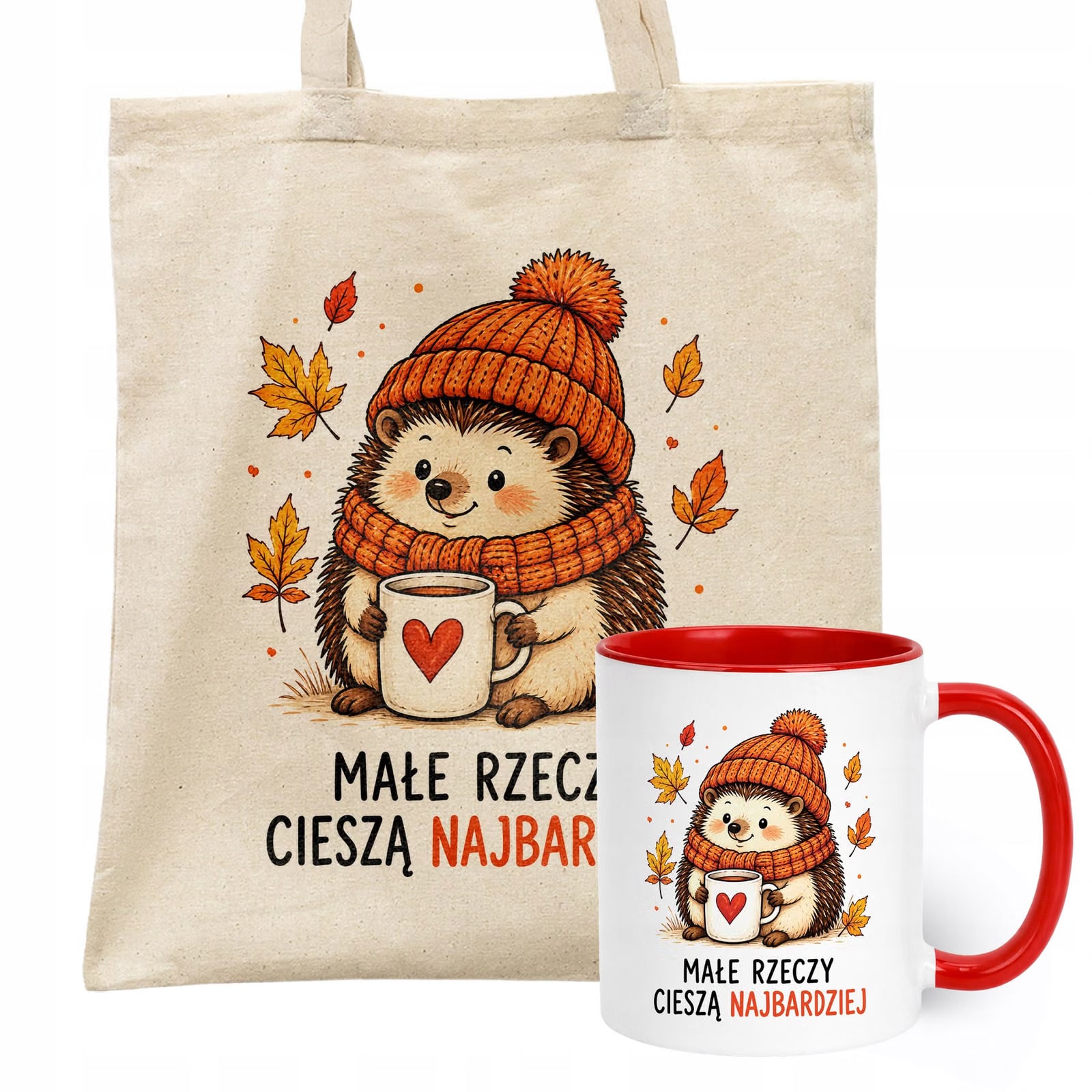 Zestaw Kubek Czerwony Torba Shopper Ecru Z Nadrukiem Jesień Jesienny