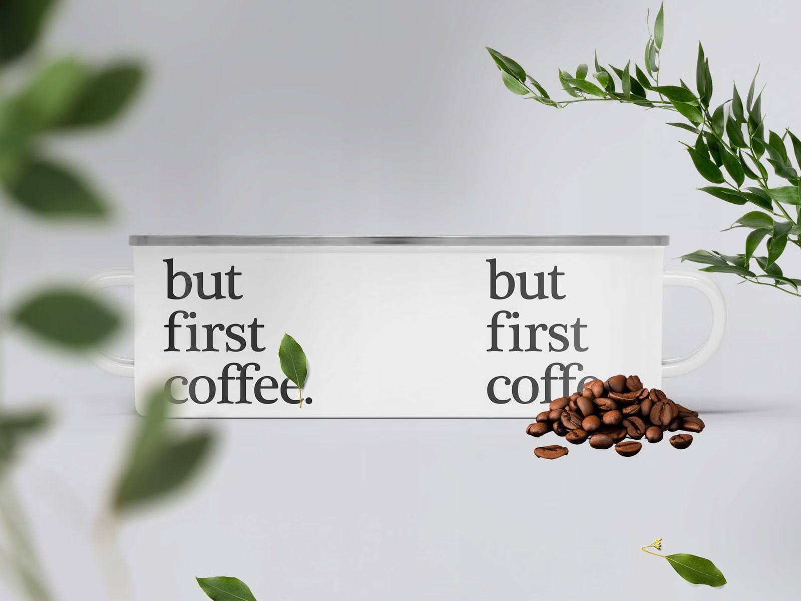 Kubek Emaliowany But First Coffee Kawa Prezent z Nadrukiem Biały Metalowy