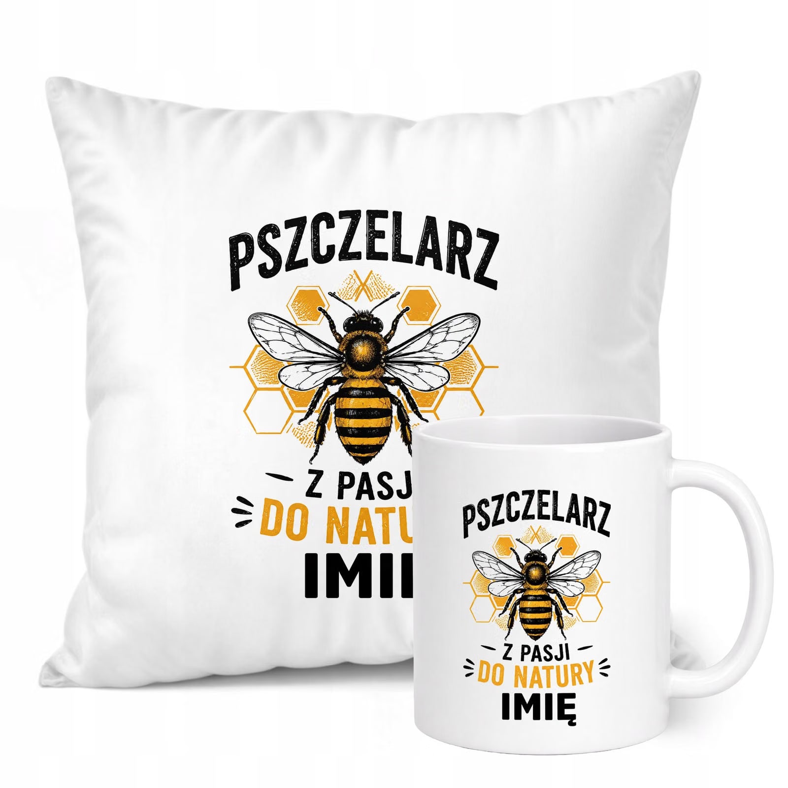 Zestaw Personalizowany Kubek Biały Poduszka Z Nadrukiem Dla Pszczelarza