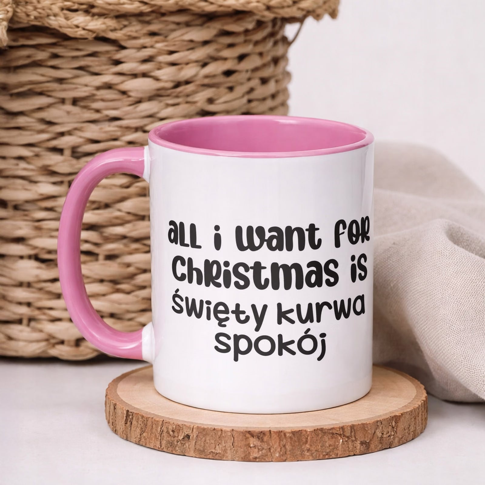 Kubek Różowy z Nadrukiem Boże Narodzenie All I Want For Christmas Prezent