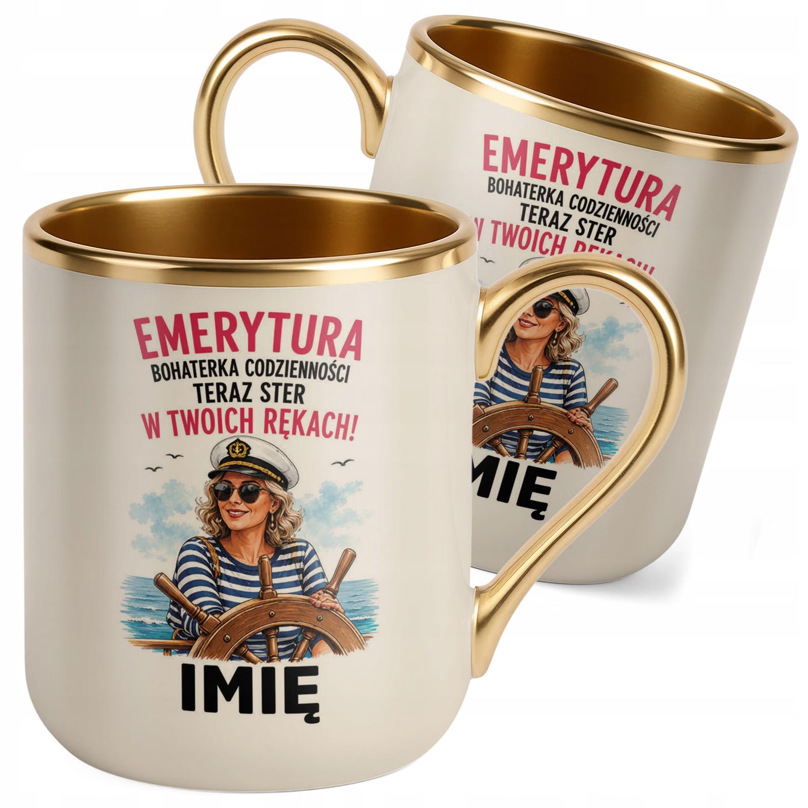 Kubek Personalizowany z nadrukiem Premium Złoty Ecru Emerytura Prezent