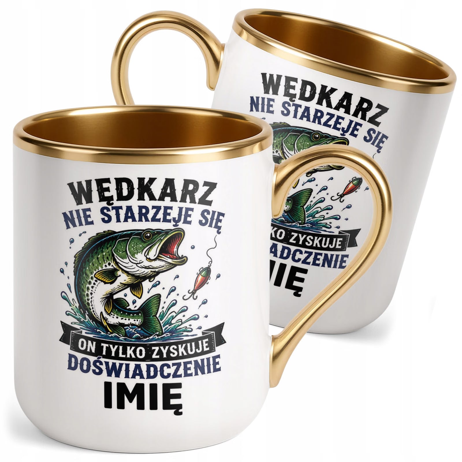 Kubek Personalizowany z nadrukiem Premium Złoty Dla Wędkarza Prezent