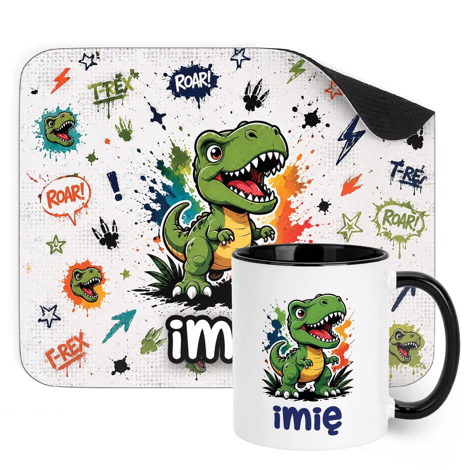 Zestaw personalizowany Kubek Czarny Podkładka pod mysz T-rex
