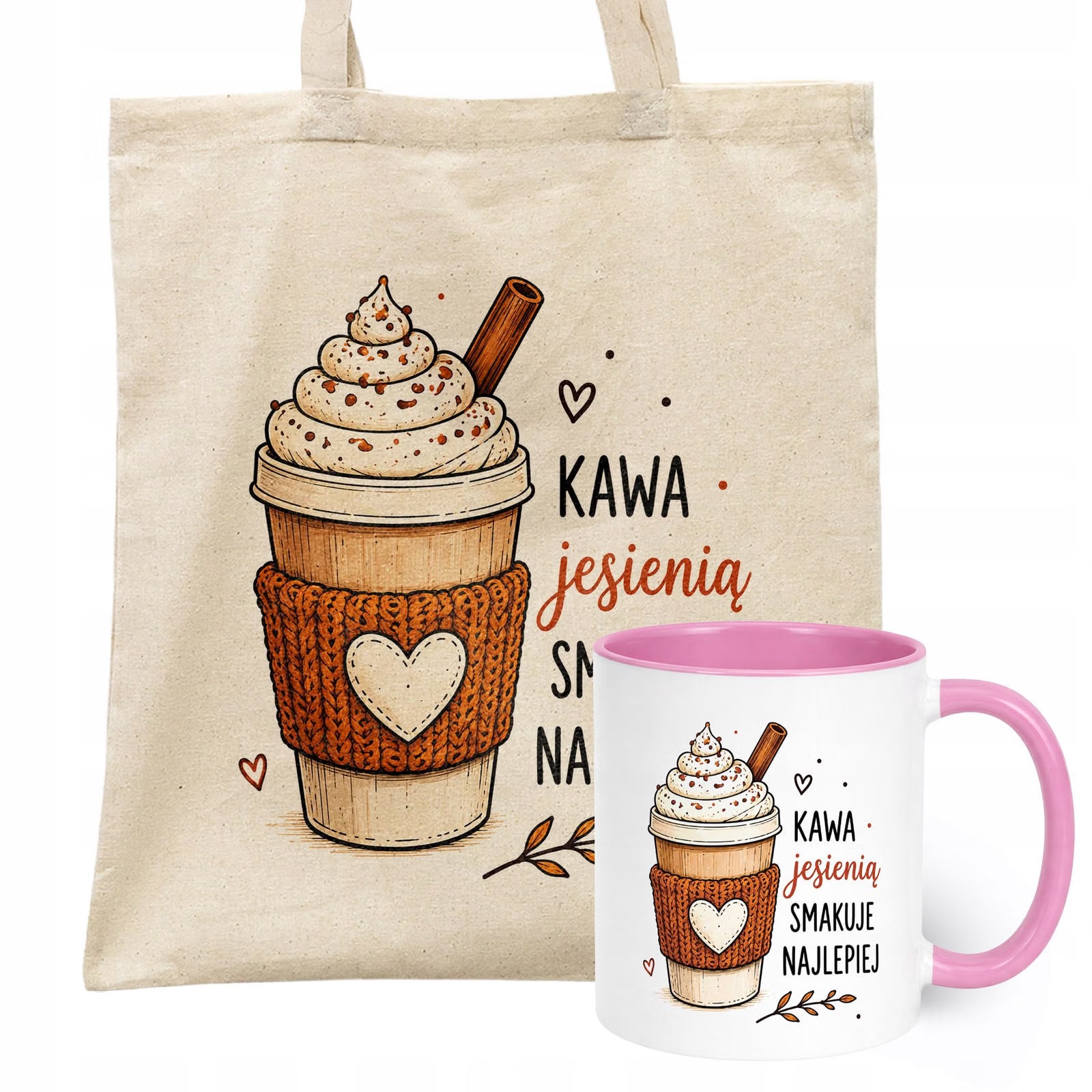 Zestaw Kubek Różowy Torba Shopper Ecru Z Nadrukiem Jesień Jesienny