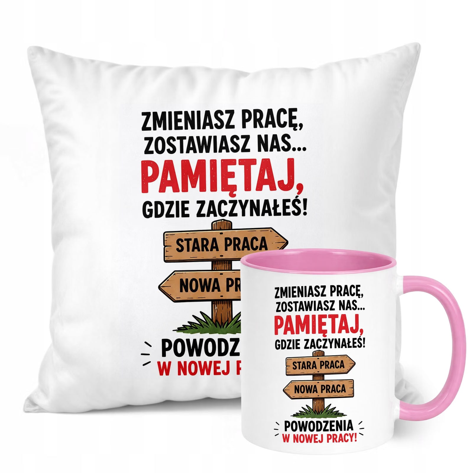 Zestaw Kubek Różowy Poduszka Z Nadrukiem Odejście z Pracy Prezent