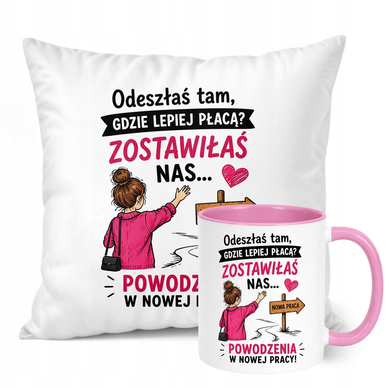 Zestaw Kubek Różowy Poduszka Z Nadrukiem Odejście z Pracy Prezent
